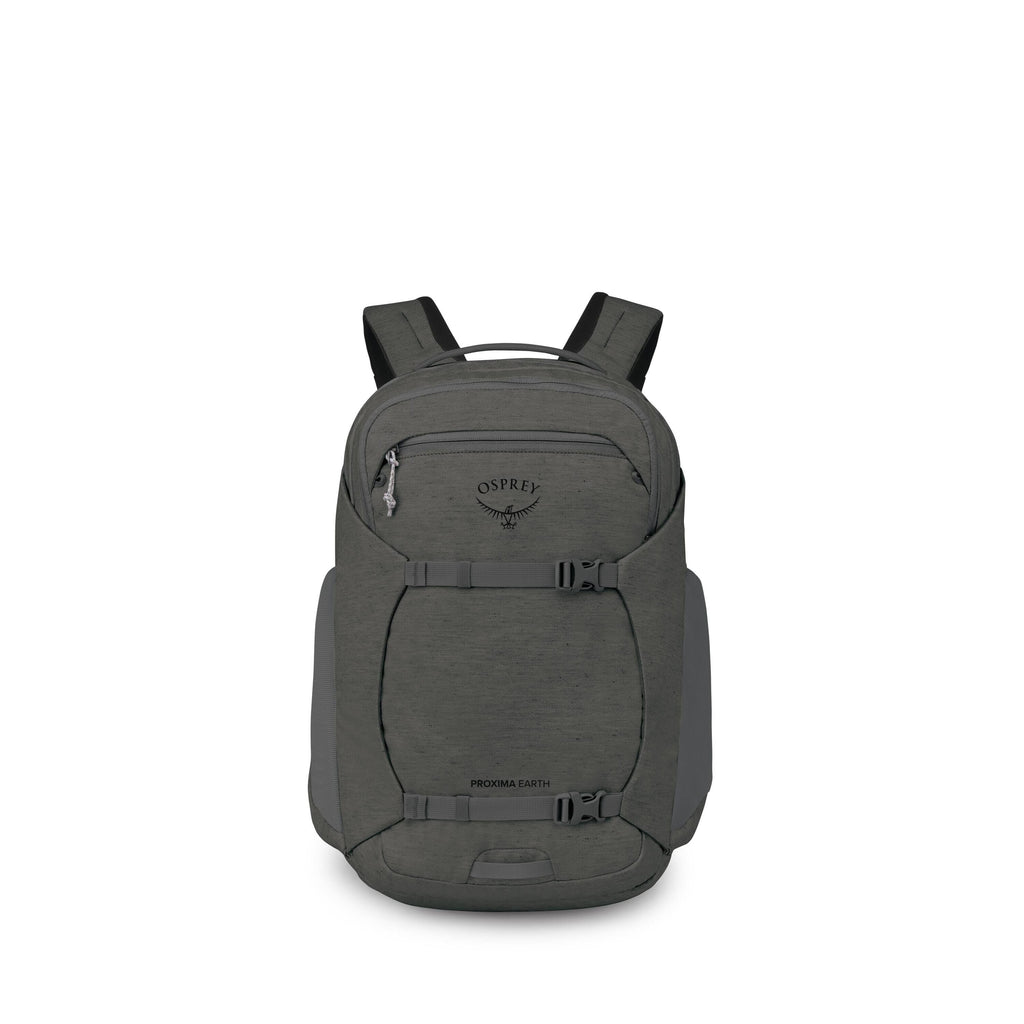 A series of product images shows a dark gray Osprey backpack from multiple angles and with some components isolated. The main view highlights a sleek, heathered fabric pack with two front compression straps, a top zip pocket, and the Osprey logo.