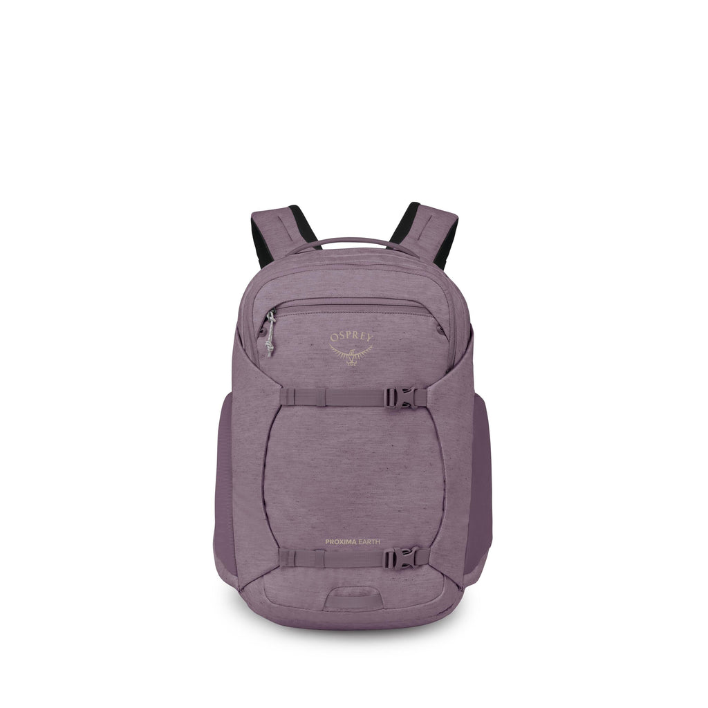 The images show a purple Osprey backpack photographed from the front and then broken into various component views. The main photo displays a streamlined daypack with two front compression straps, a small zip pocket near the top, and padded shoulder straps