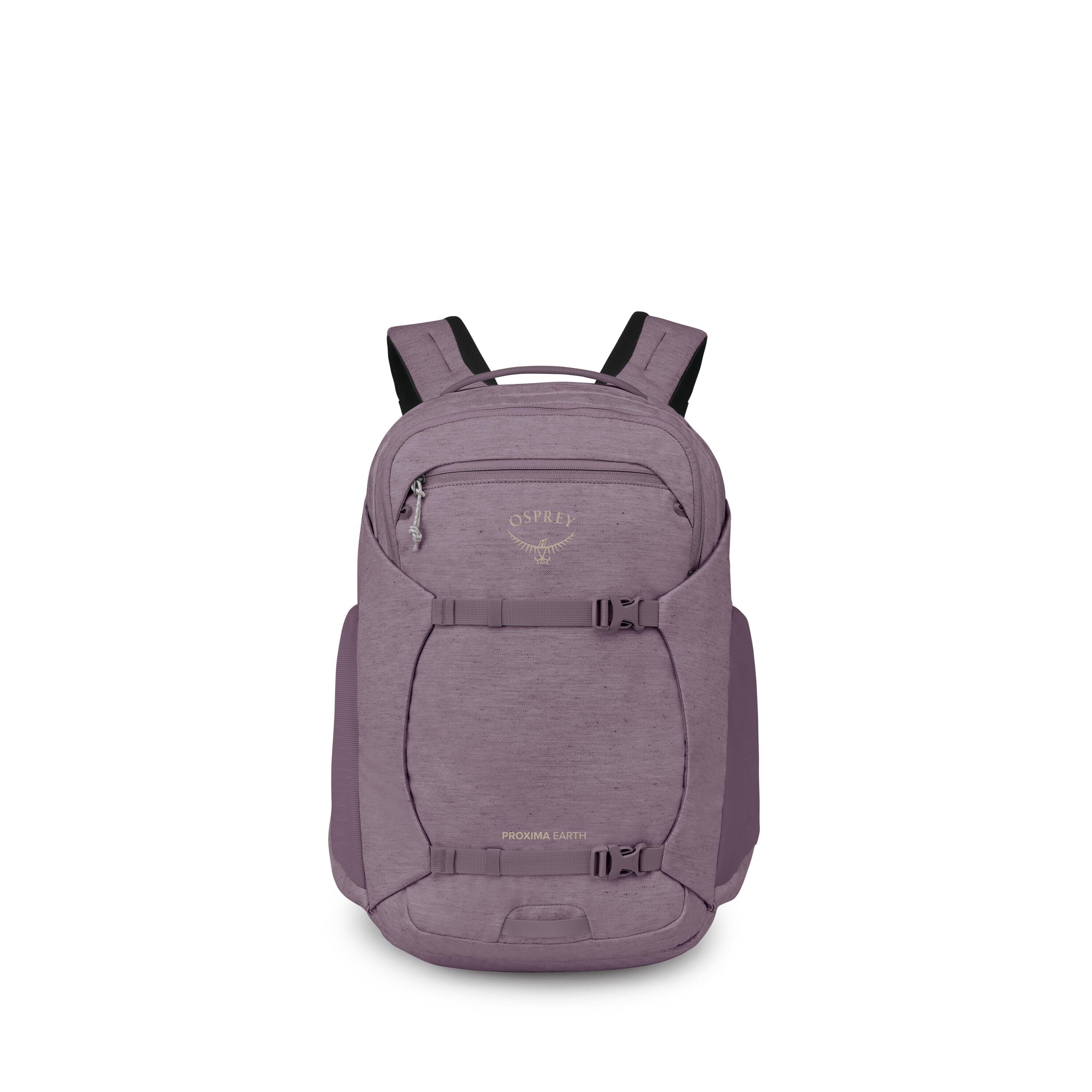 The images show a purple Osprey backpack photographed from the front and then broken into various component views. The main photo displays a streamlined daypack with two front compression straps, a small zip pocket near the top, and padded shoulder straps