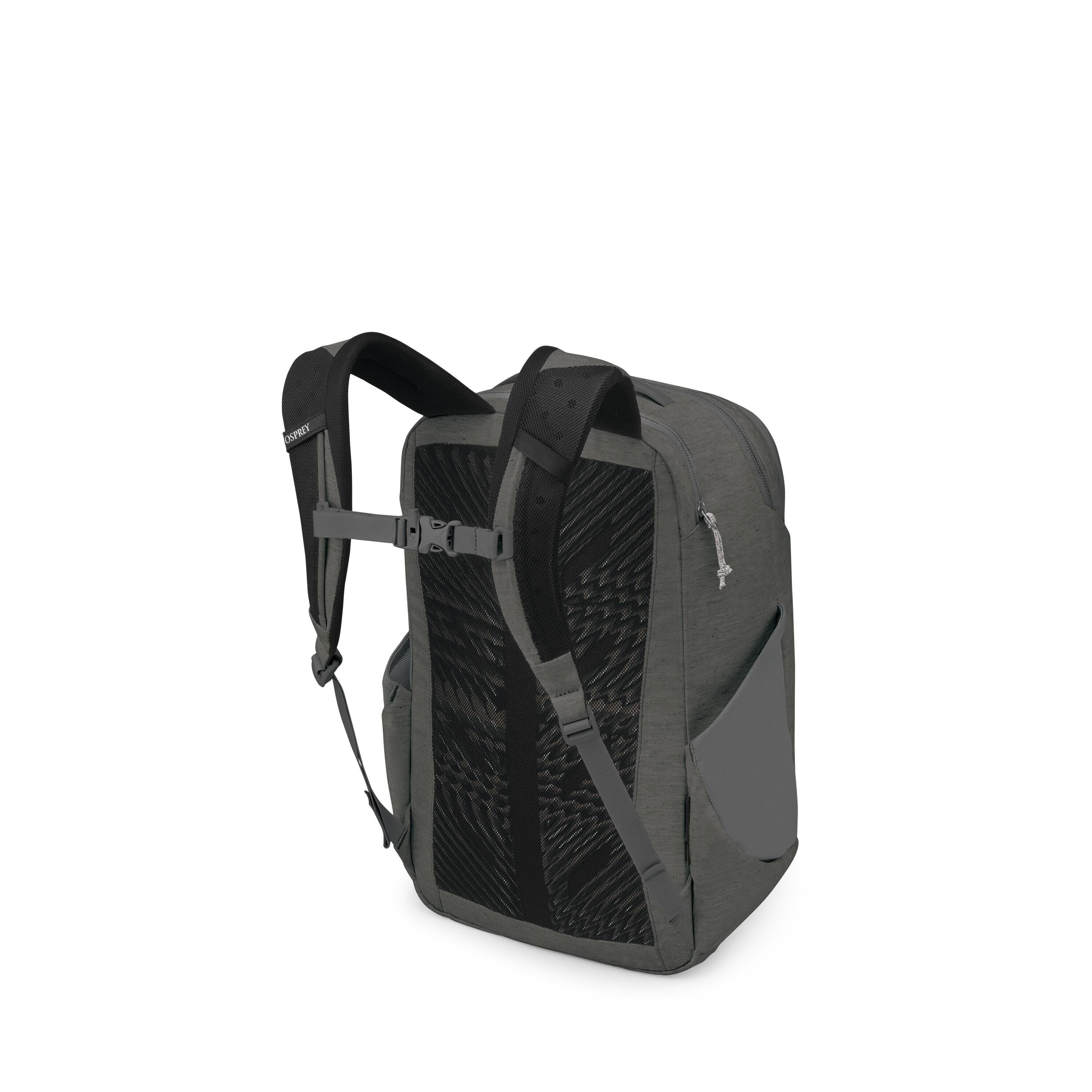 The images show a dark gray backpack photographed from the back/side, along with several exploded views of its components. It has padded, breathable mesh back panels, adjustable shoulder straps with a sternum strap, and a side pocket. Zippered openings an