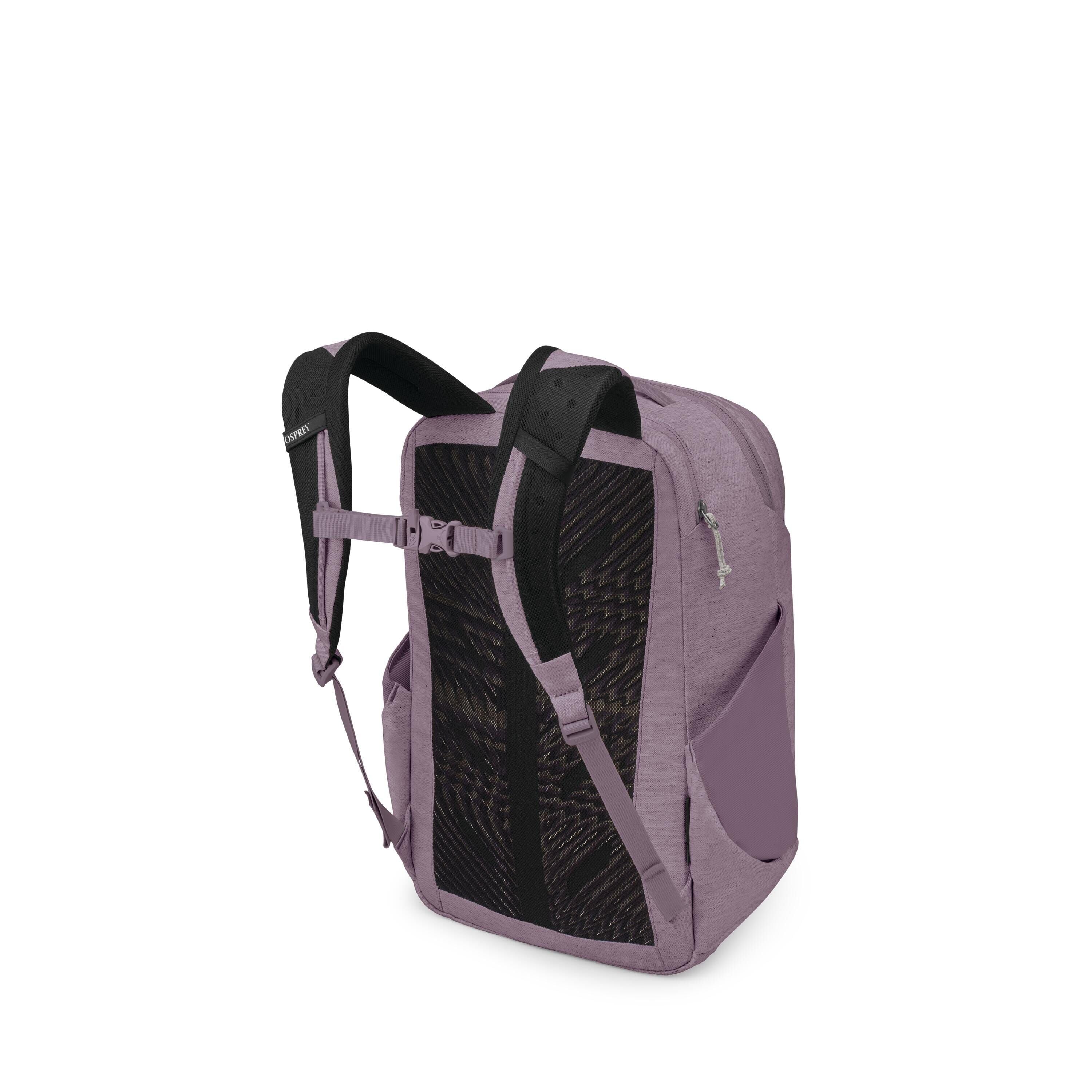 The image set shows a purple backpack viewed from the back-right, featuring black mesh padding on the back panel and adjustable shoulder straps with a sternum strap. A side pocket and a zippered main compartment are visible, with light gray zipper pulls.