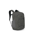 A sleek, dark gray Osprey backpack is shown from a front-left angle on a white background. It features multiple zippered compartments, a front shove-it pocket secured by horizontal compression straps, and stretch side pockets. The shoulder straps are padd