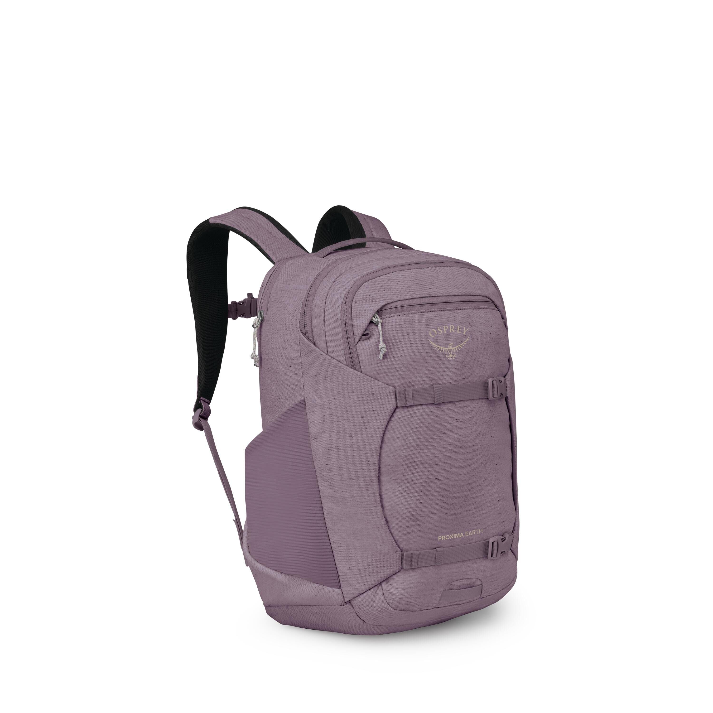 The images show a purple Osprey backpack from multiple angles and with some parts isolated. The pack has a sleek, modern design with several zippered compartments, side stretch pockets, and front compression straps. Padded shoulder straps and a top carry
