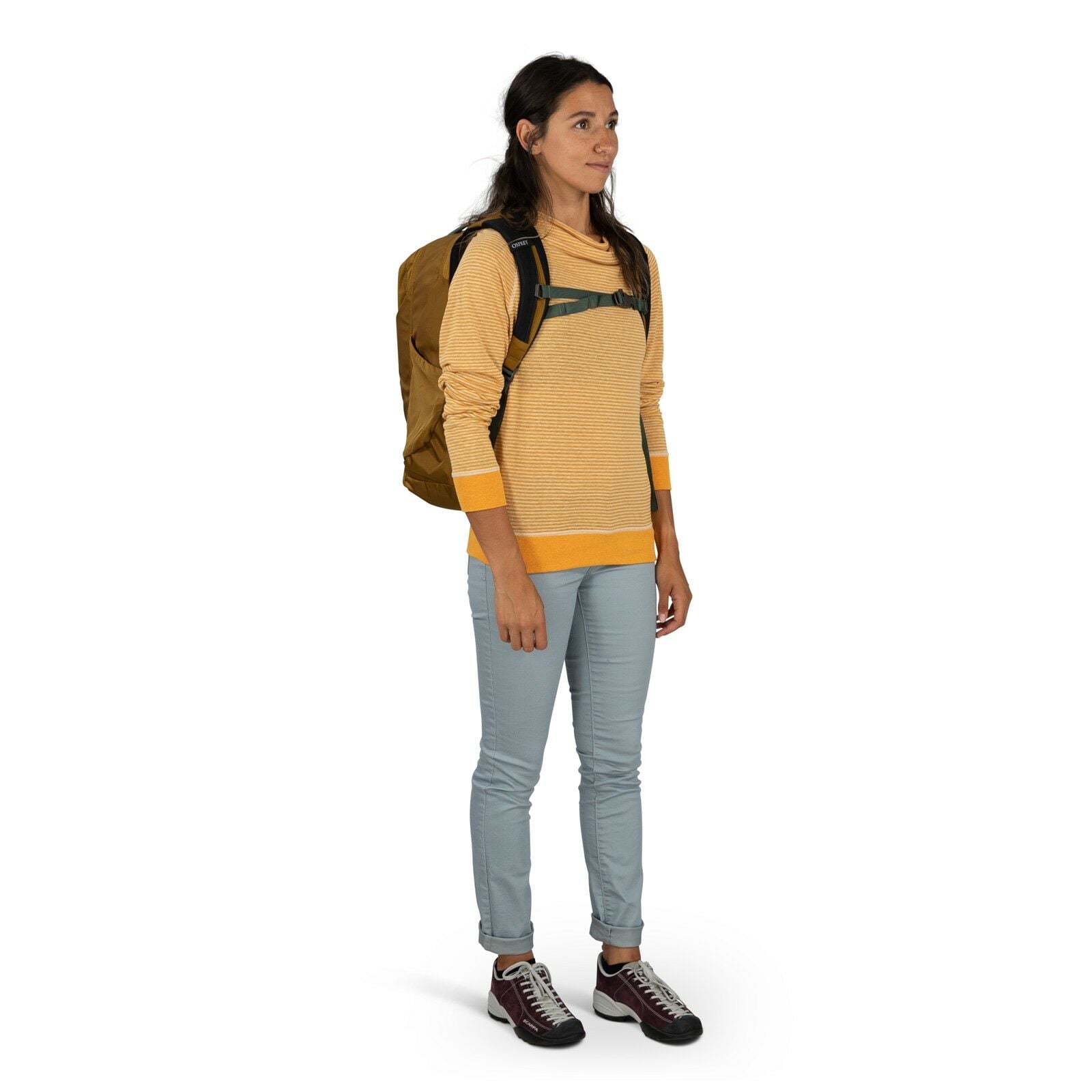 a person modeling the Proxima 30 in color brindlebrownheather