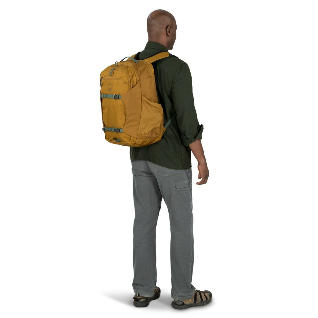 a person modeling the Proxima 30 in color brindlebrownheather