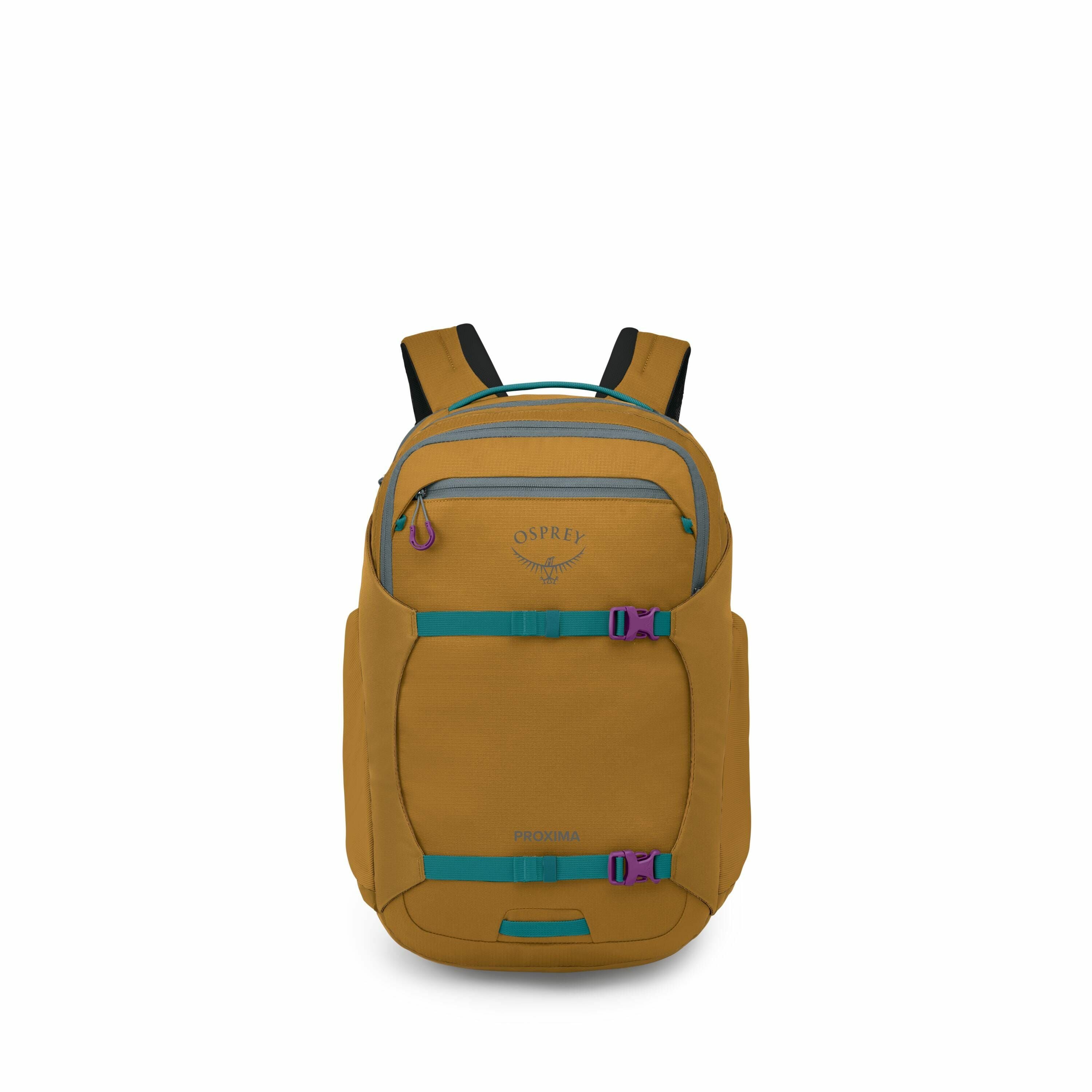 The image features a mustard yellow backpack made by Osprey, with "Proxima" inscribed near the bottom. The backpack has teal accents, including straps and buckles, while the zippers and some buckle details are highlighted in a vibrant purple. It showcases