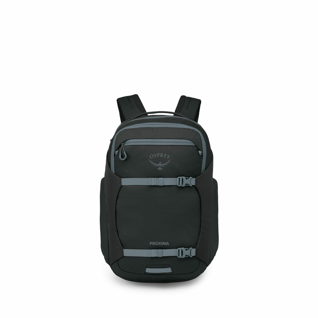 The image features a black Osprey backpack, specifically the Proxima model. It has a sleek, modern design with a gray logo of the Osprey brand prominently displayed on the upper front pocket. The backpack includes multiple compartments and has gray straps