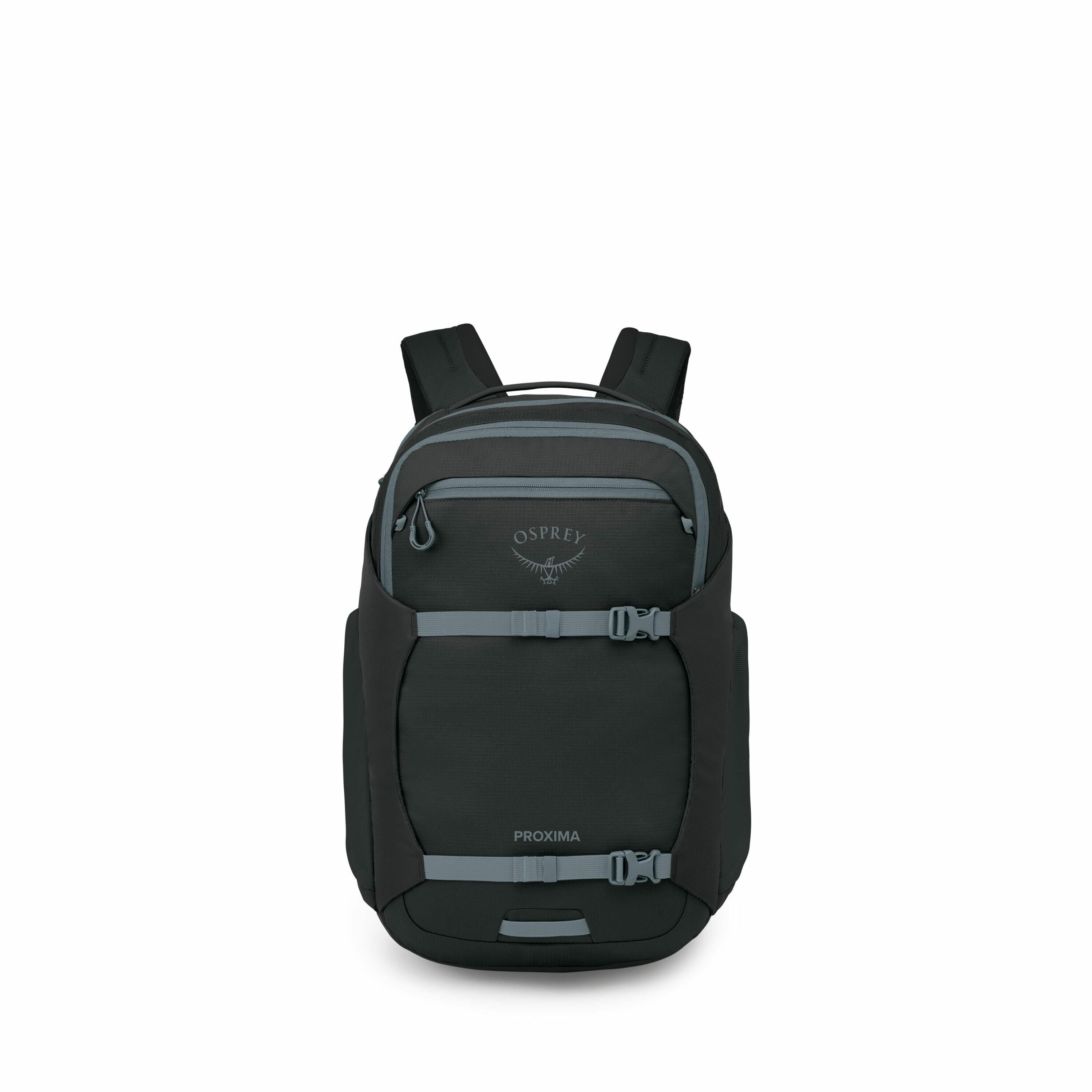 The image features a black Osprey backpack, specifically the Proxima model. It has a sleek, modern design with a gray logo of the Osprey brand prominently displayed on the upper front pocket. The backpack includes multiple compartments and has gray straps