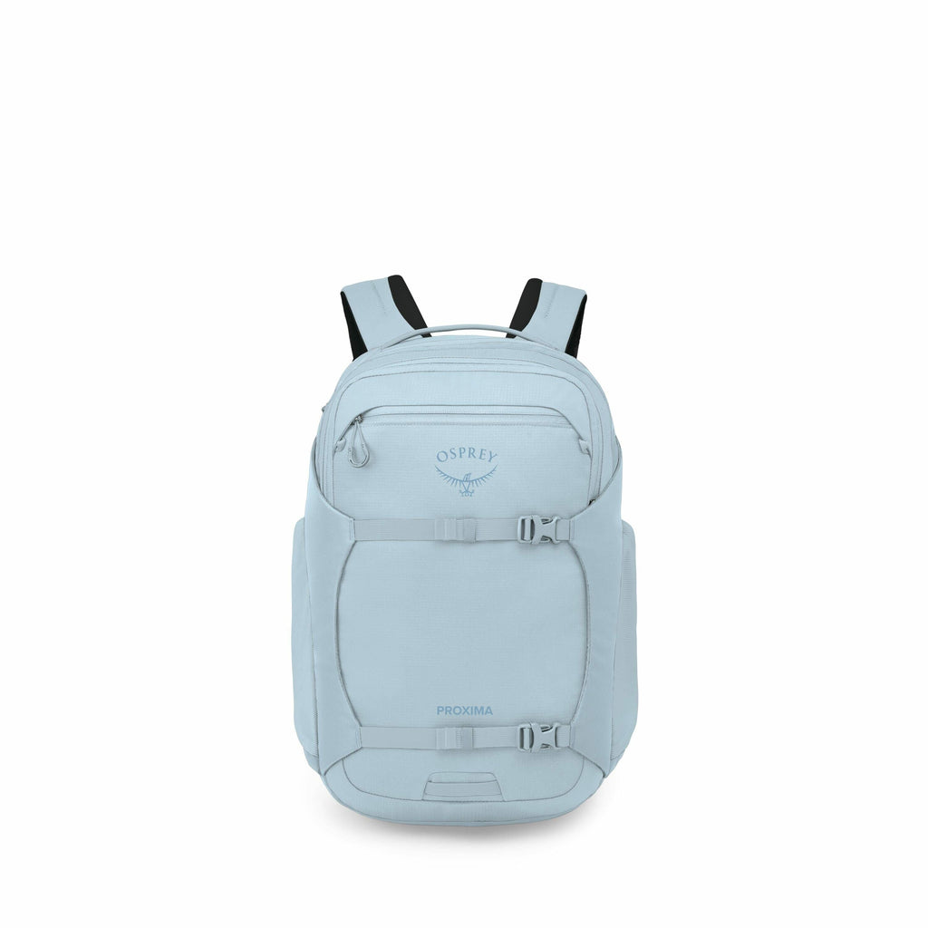 The image features a light blue backpack from the brand Osprey. The backpack has a simple design with the logo prominently displayed on the front, along with the model name "Proxima" written underneath. The backpack is equipped with padded straps and mult