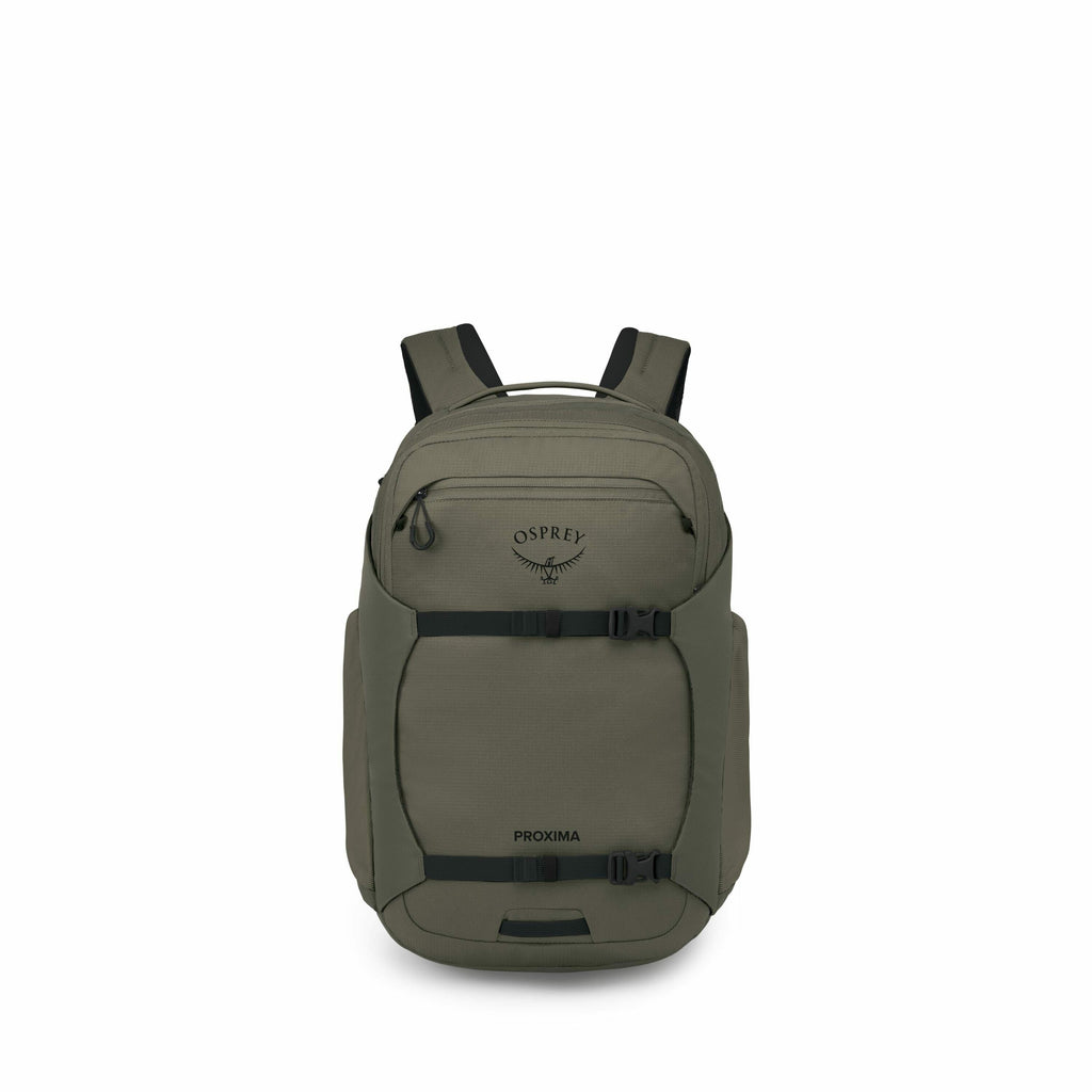 The image set displays different elements and views of an Osprey Proxima backpack. The main image shows the backpack in a solid olive green color, featuring multiple compartments, including a front pocket with the Osprey logo above and the word "PROXIMA"