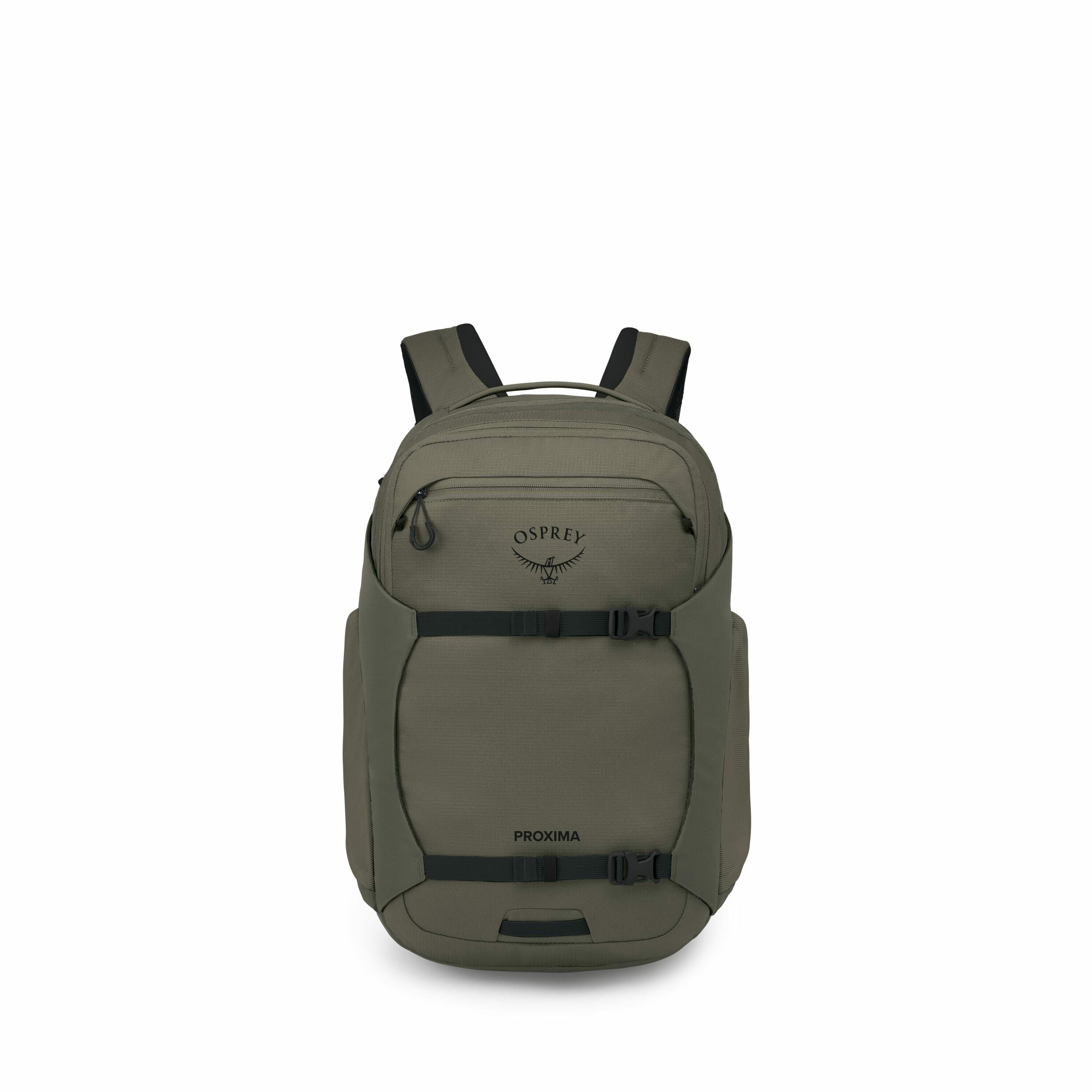 The image set displays different elements and views of an Osprey Proxima backpack. The main image shows the backpack in a solid olive green color, featuring multiple compartments, including a front pocket with the Osprey logo above and the word "PROXIMA"