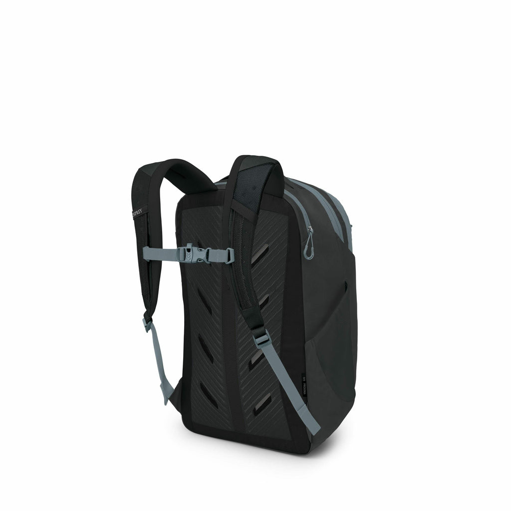 The image features a sleek and modern backpack with a predominantly black design, complemented by gray straps and accents. The backpack has a rigid and geometrically patterned back panel, which suggests ergonomic support for the wearer. There are multiple