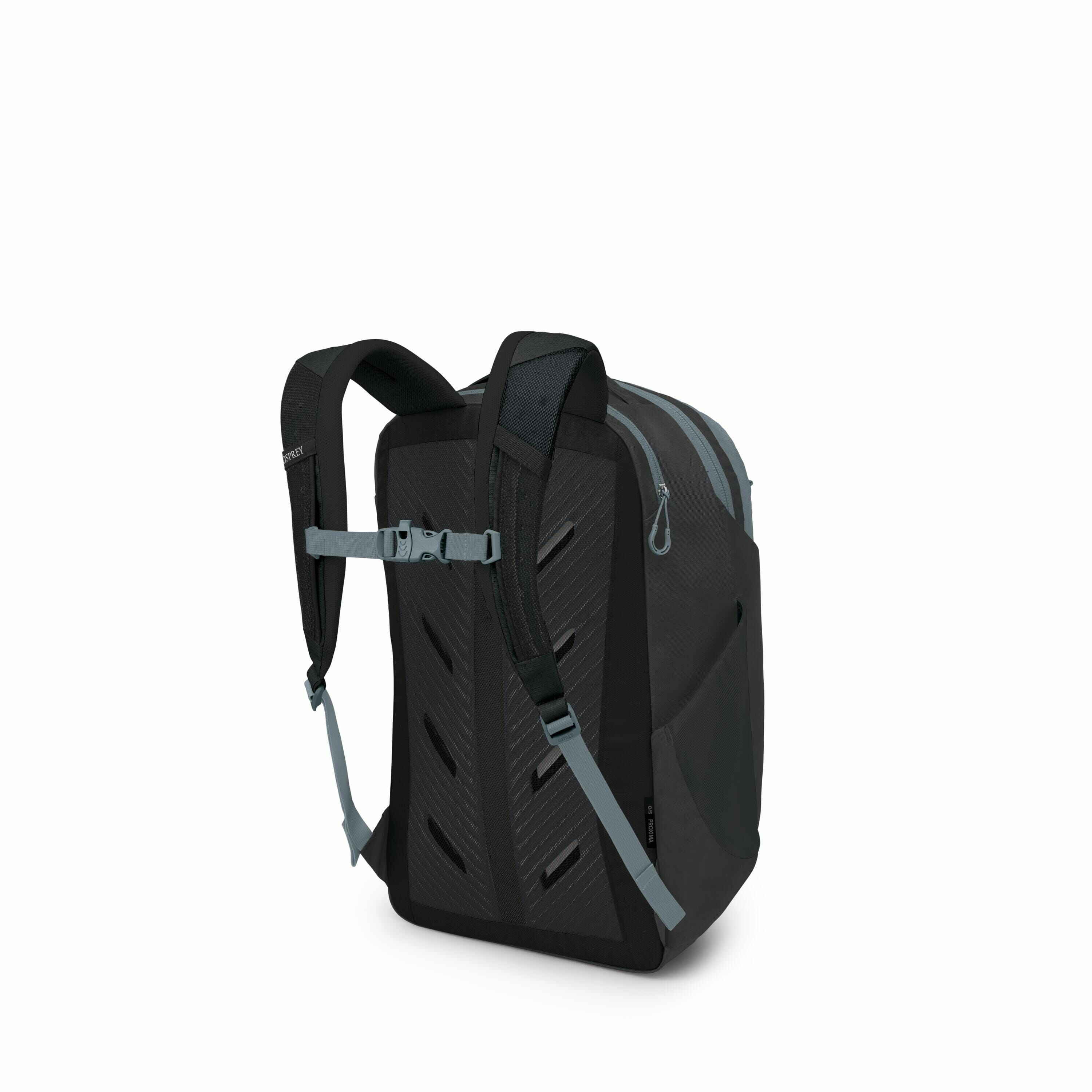 The image features a sleek and modern backpack with a predominantly black design, complemented by gray straps and accents. The backpack has a rigid and geometrically patterned back panel, which suggests ergonomic support for the wearer. There are multiple