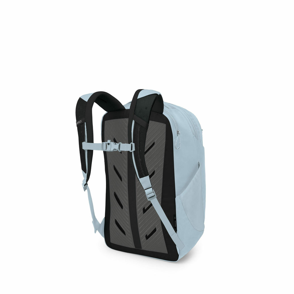 The image showcases a light blue backpack with black accents, specifically designed for comfort and functionality. The back panel features a dark, padded surface with ventilation slits to ensure airflow and provide comfort during extended wear. The adjust