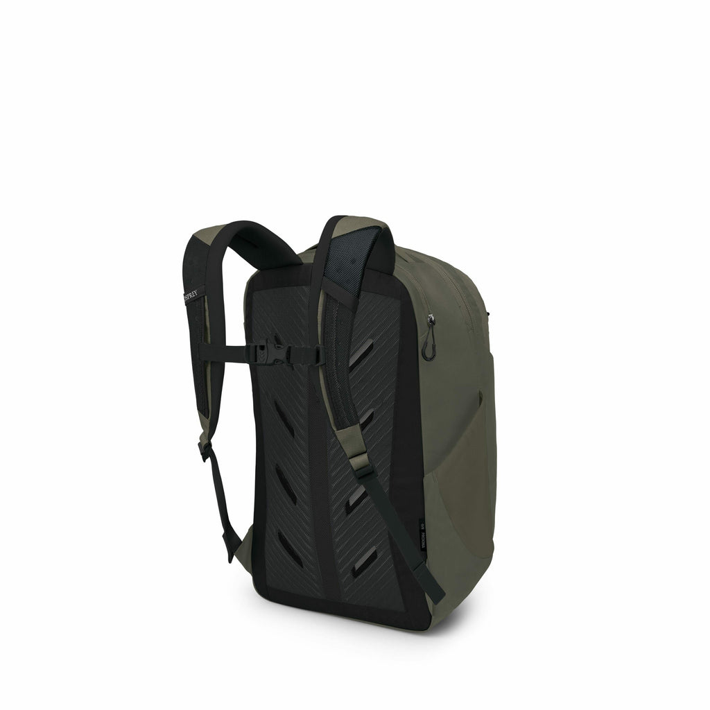 The image shows a sleek and modern backpack designed for functional use. It has a combination of dark green and black colors, giving it a stylish appearance. The backpack features padded shoulder straps for comfortable carrying and a textured back panel l