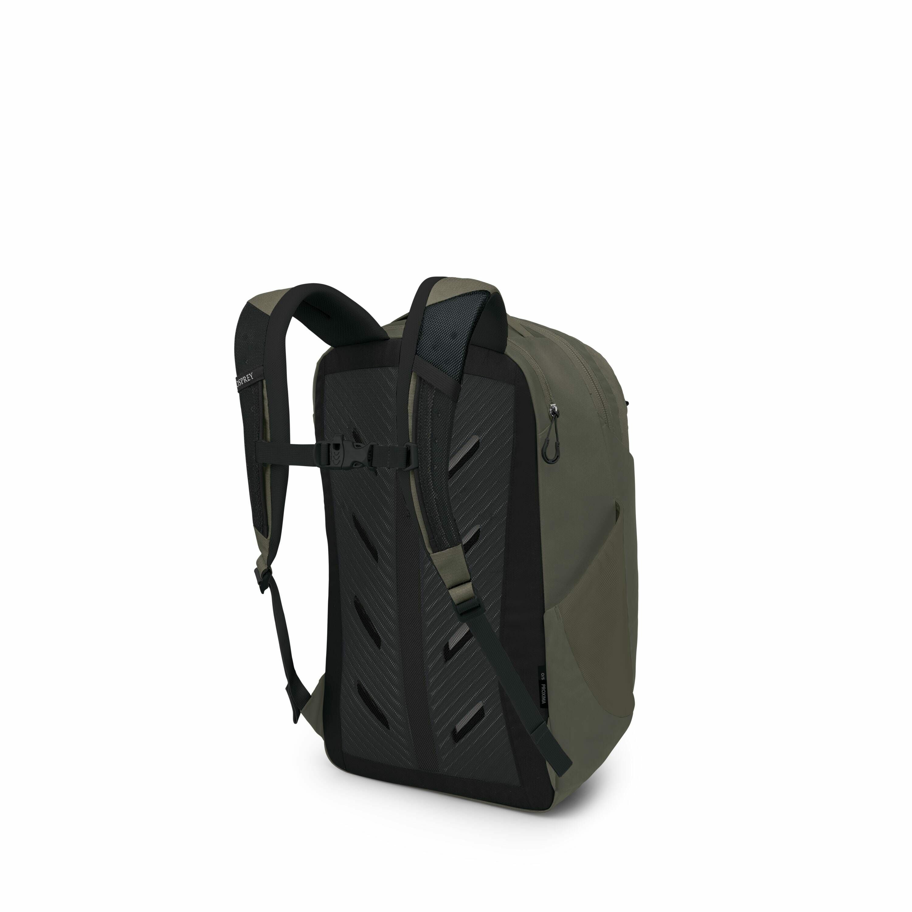 The image shows a sleek and modern backpack designed for functional use. It has a combination of dark green and black colors, giving it a stylish appearance. The backpack features padded shoulder straps for comfortable carrying and a textured back panel l