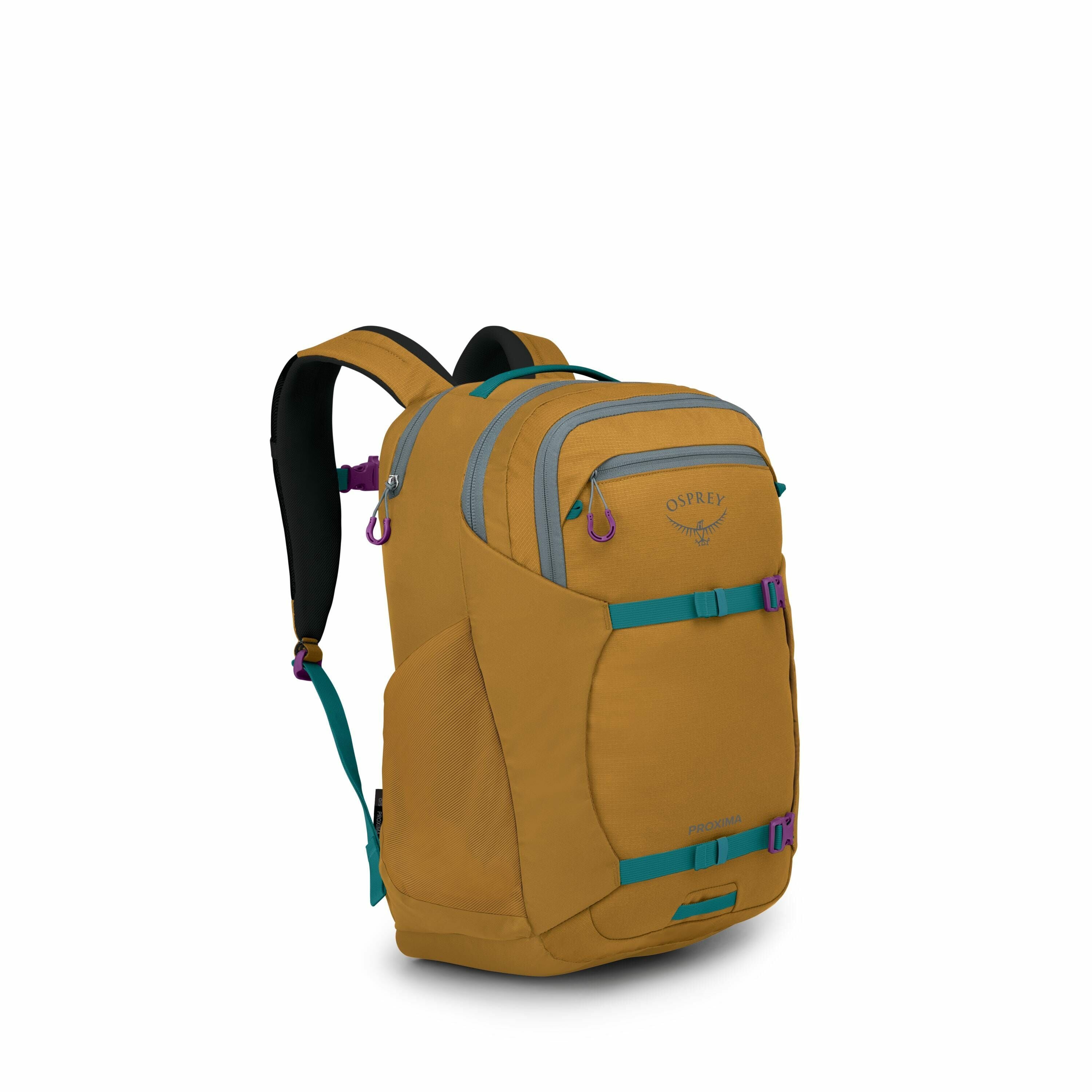 The image showcases an Osprey Proxima backpack in a mustard yellow color with accents of teal and purple. It features a main compartment and a front pocket with a horizontal teal strap and purple buckles for added security. The zippers have purple pull ta