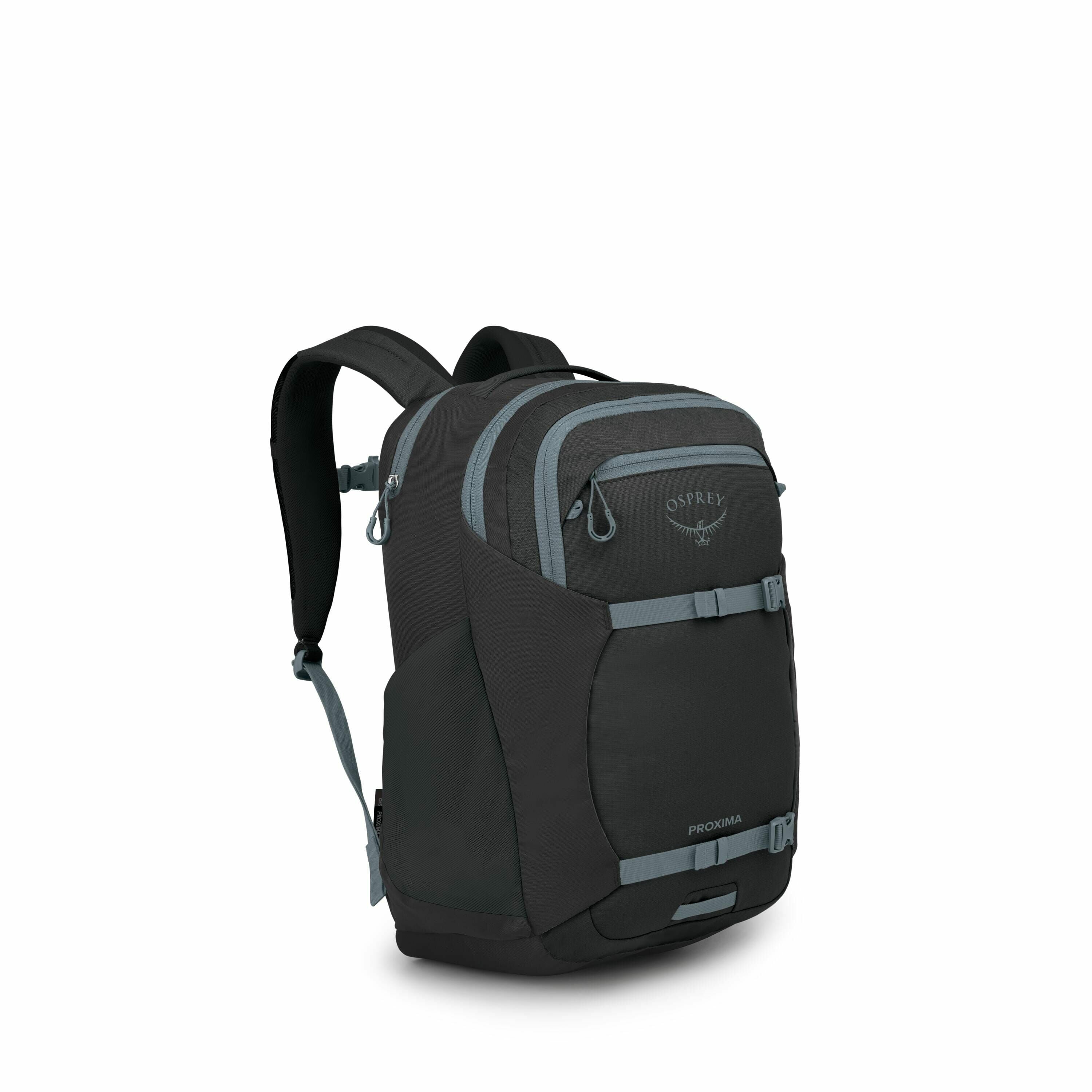 The image features an Osprey backpack with a sleek and ergonomic design. It is predominantly black with light blue accents, such as zippers, straps, and the logo. The backpack appears to be of medium size, with multiple compartments for storage and organi