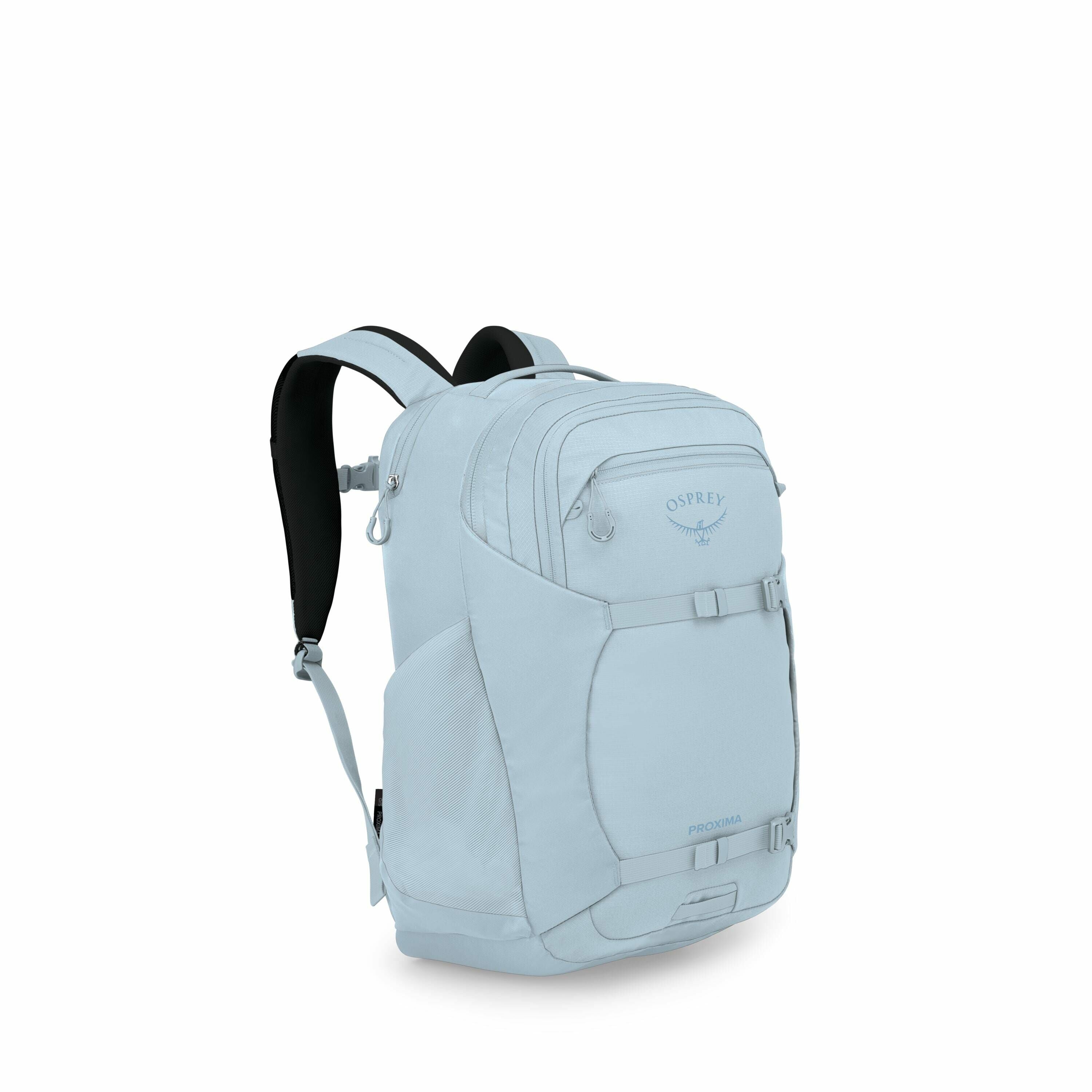 The image showcases a light blue Osprey Proxima backpack, prominently displaying the Osprey logo on its front. The backpack features multiple compartments and straps, indicative of its functionality for carrying various items securely. The design includes