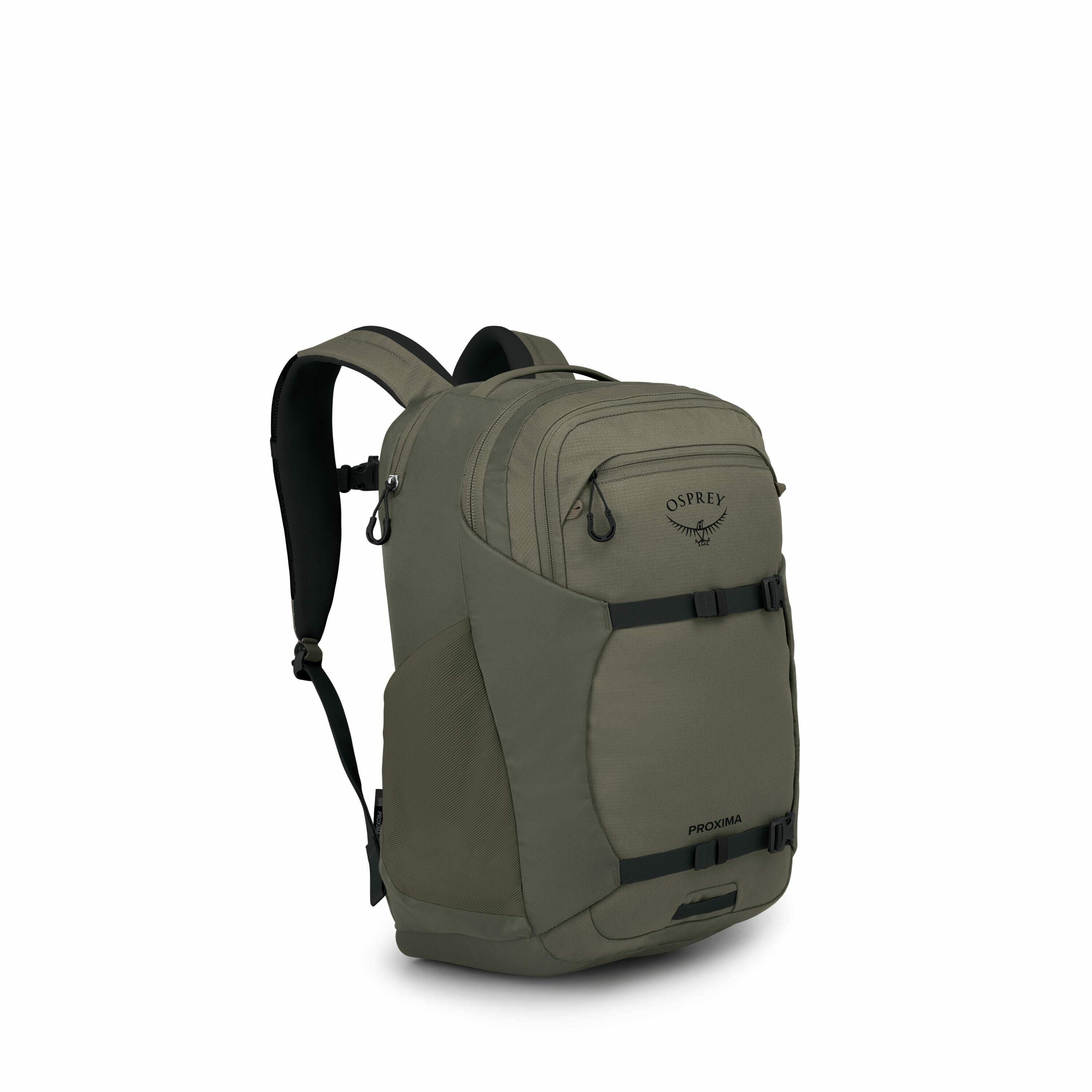 The image showcases an Osprey backpack named "Proxima" in a greenish-grey color. It features a streamlined design with multiple compartments and pockets, including a front zip pocket with a flap and dual strap adjustments. The backpack's straps are padded