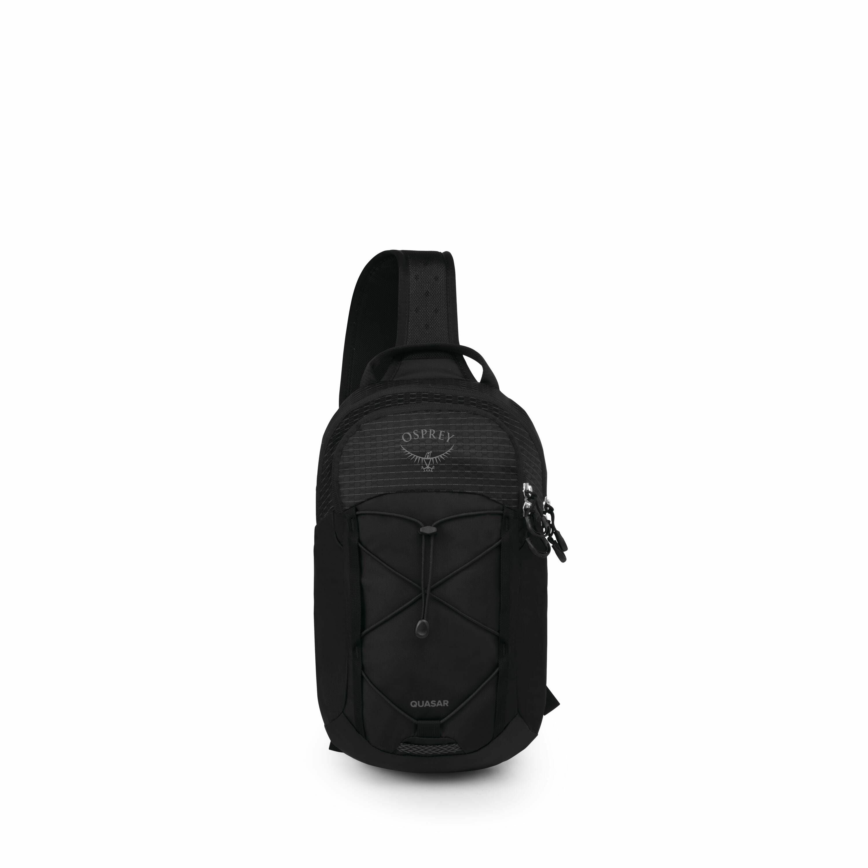 The image showcases a compact, black sling backpack designed by Osprey. The backpack features a streamlined design with a distinctive criss-cross elastic cord on the front for added storage or compression. The Osprey logo is prominently displayed at the t