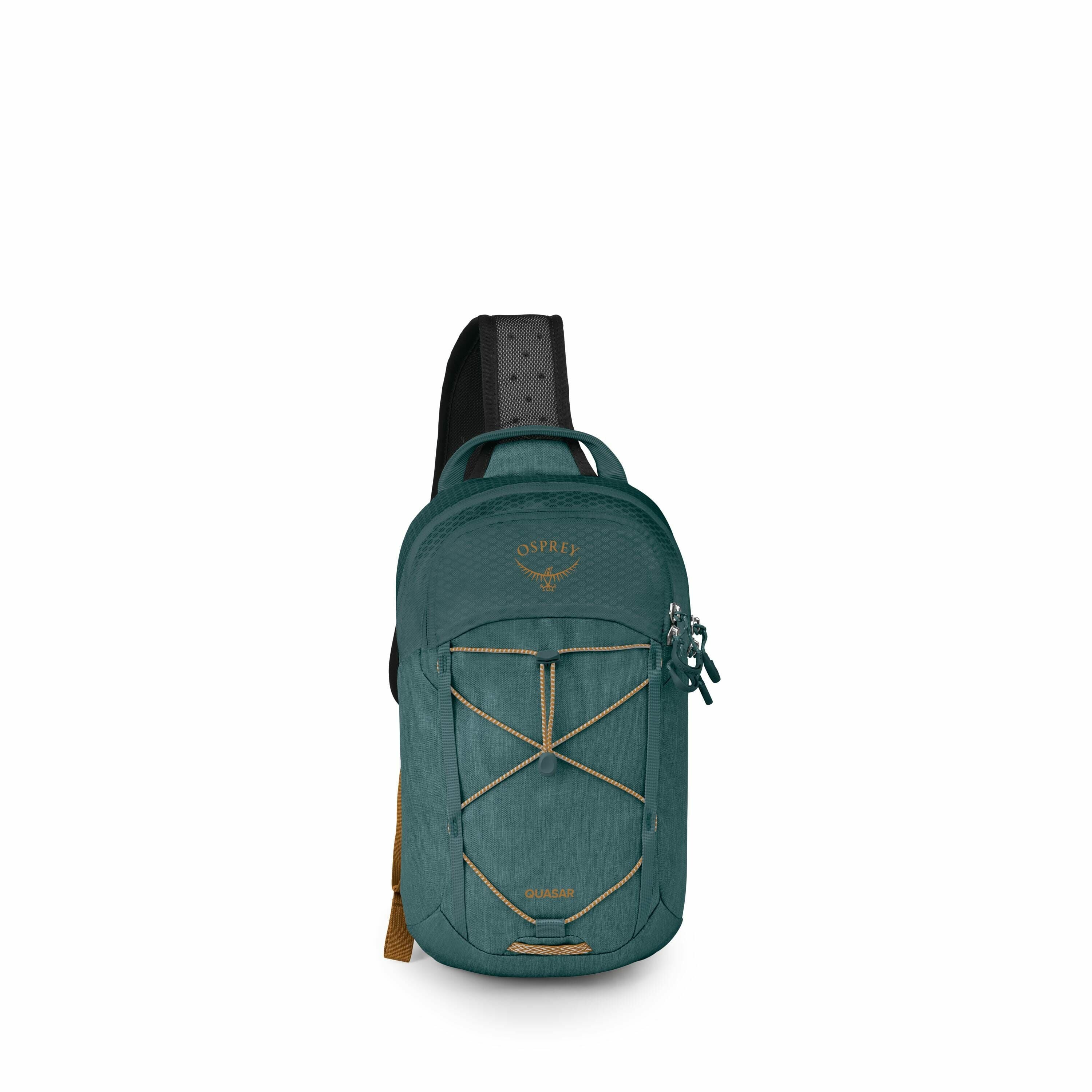 The images depict an Osprey sling backpack in a teal color. The backpack features the Osprey logo prominently at the top, and there is a crisscross bungee cord on the front for external storage. The backpack appears to have a single strap for wearing acro