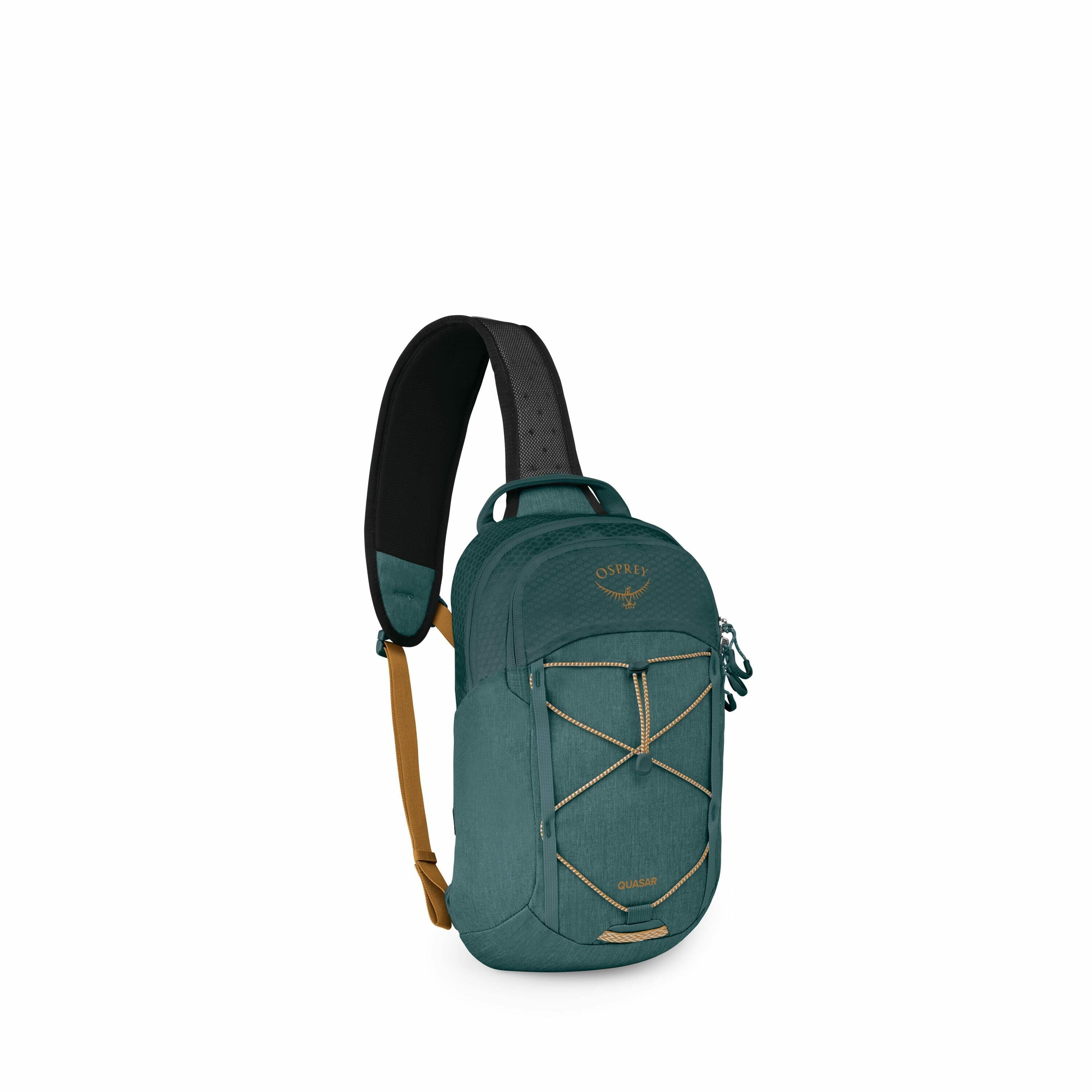 The image shows a teal-colored Osprey backpack with a single shoulder strap. The backpack is designed for one-shoulder carrying, likely intended for casual or urban use. The front of the bag features the Osprey logo, a bungee cord system for additional st