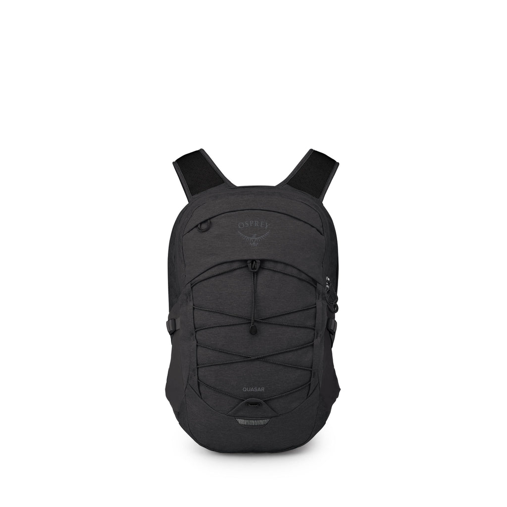 The images show a brown Osprey backpack, specifically the Quasar model, photographed on a white background. It features a streamlined design with a front bungee cord system, a small top zip pocket, side compression straps, and padded shoulder straps.