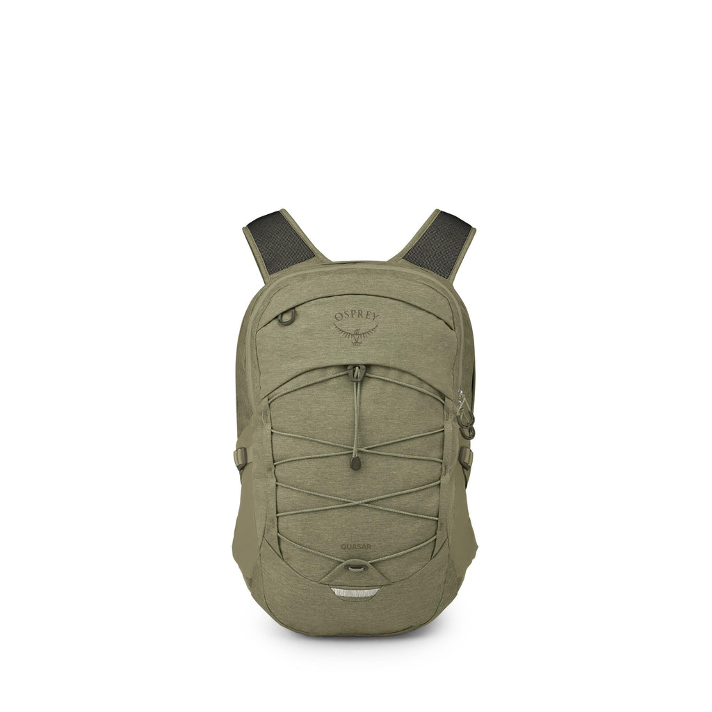 The images show a green Osprey backpack, specifically the Quasar model, photographed on a white background. It features a streamlined design with a front bungee cord system, a small top zip pocket, side compression straps, and padded shoulder straps.