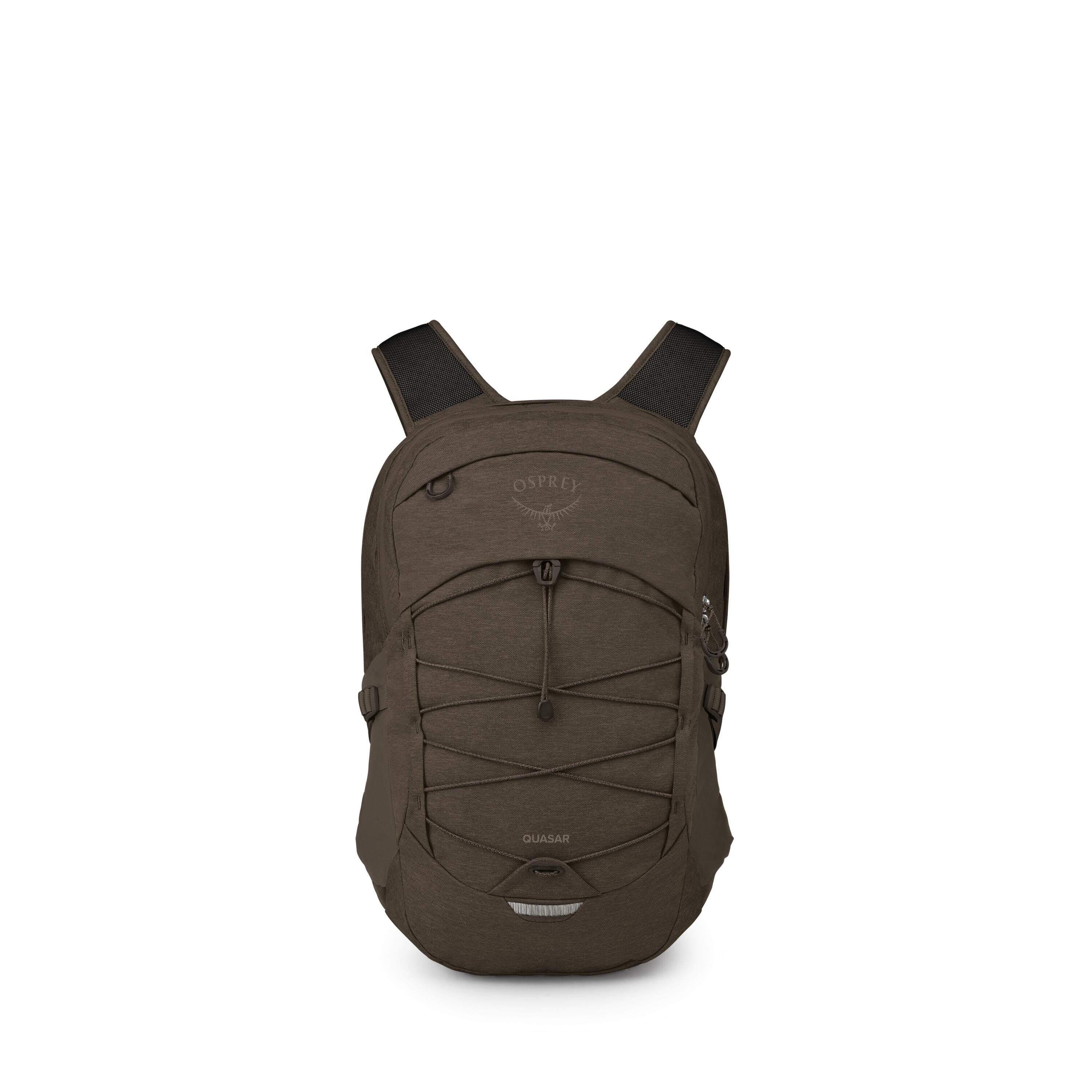 The images show a compact Osprey Quasar backpack in a dark olive/brown color. It has a rounded, streamlined shape with two padded shoulder straps and a front bungee cord system for stashing items. A small top pocket and a main zippered compartment are vis