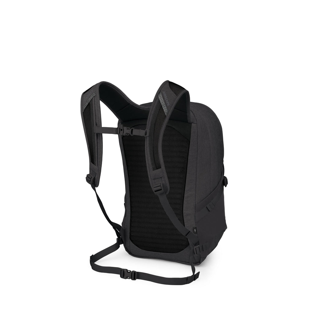 The images show a dark, modern backpack viewed from the back, highlighting its ergonomic harness system. Padded shoulder straps, a ventilated mesh back panel, and both sternum and waist straps are visible for support and stability. Several frames depict a