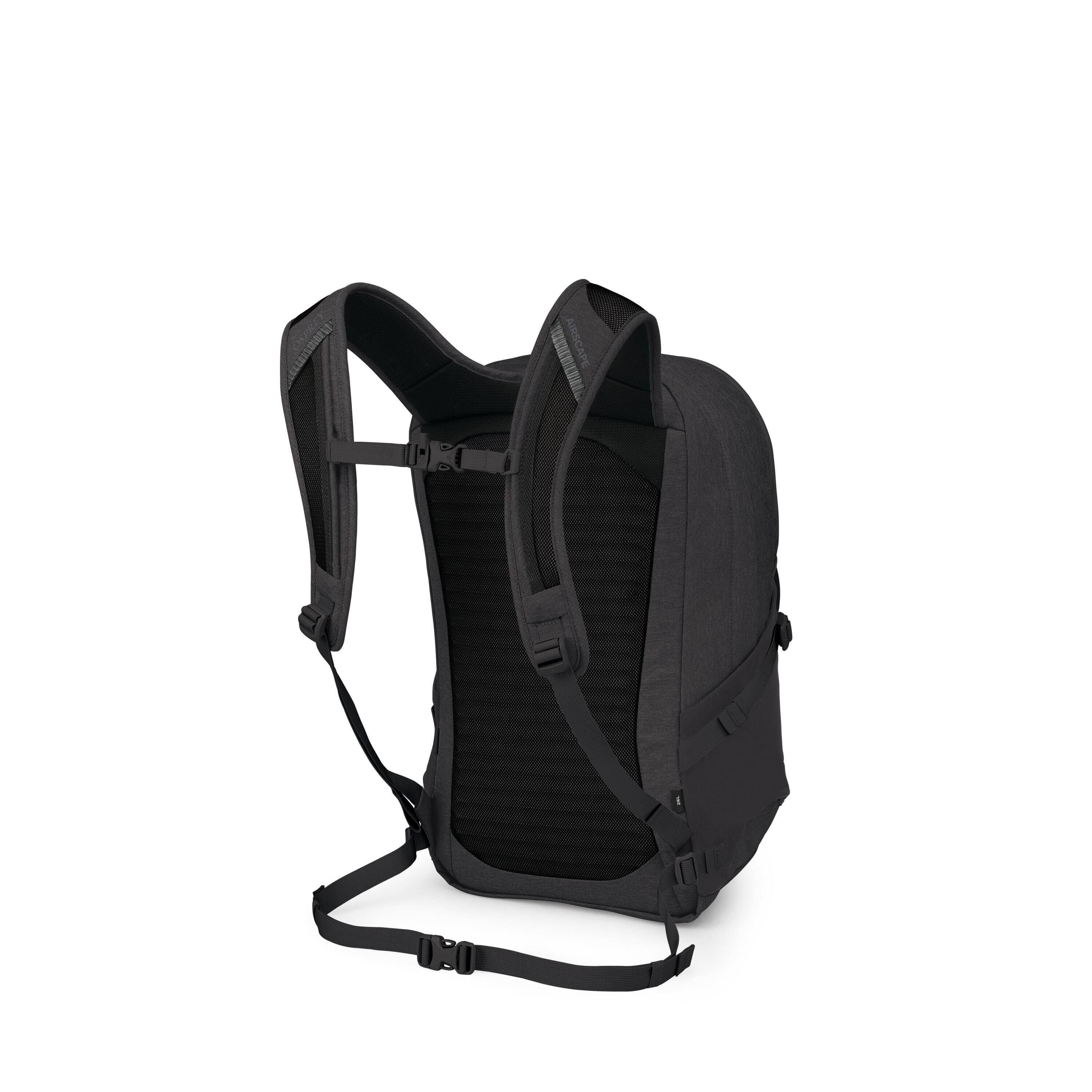 The images show a dark, modern backpack viewed from the back, highlighting its ergonomic harness system. Padded shoulder straps, a ventilated mesh back panel, and both sternum and waist straps are visible for support and stability. Several frames depict a