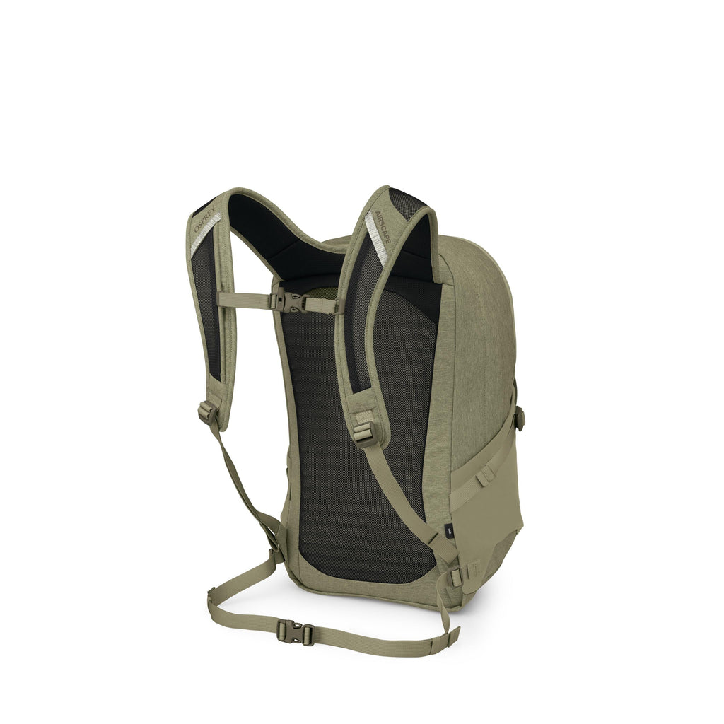 The images show the back and straps of an outdoor backpack in green tones, with successive frames highlighting individual components. The pack features padded shoulder straps, a ventilated mesh back panel, and adjustable sternum and waist straps with buck