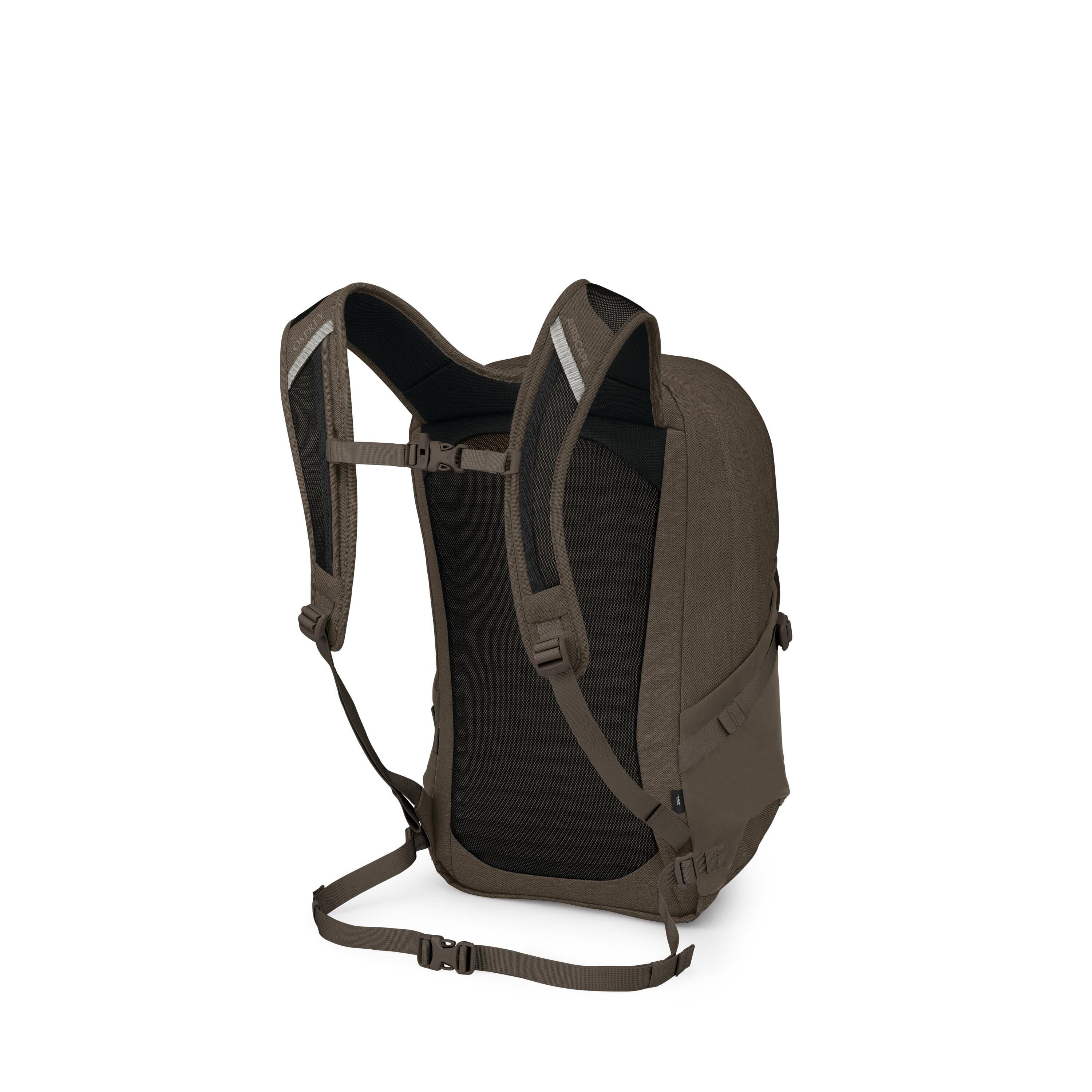 The images show a dark olive/brown backpack viewed from the back, highlighting its straps and support system. It features padded shoulder straps with a sternum strap, a breathable mesh back panel, side compression straps, and a waist/hip belt for stabilit