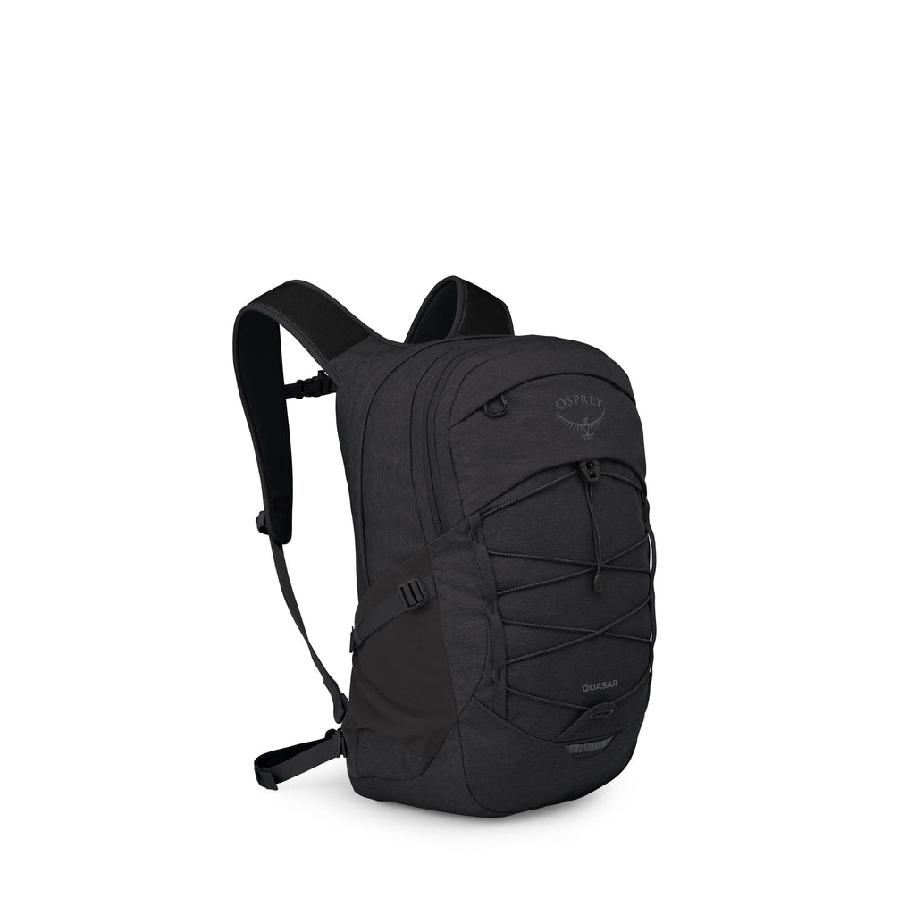 The image shows a sleek black Osprey backpack photographed on a white background. It has two main zippered compartments, padded shoulder straps, and a small hip belt. The front features a crisscross bungee cord system for quick stashing, side stretch pock