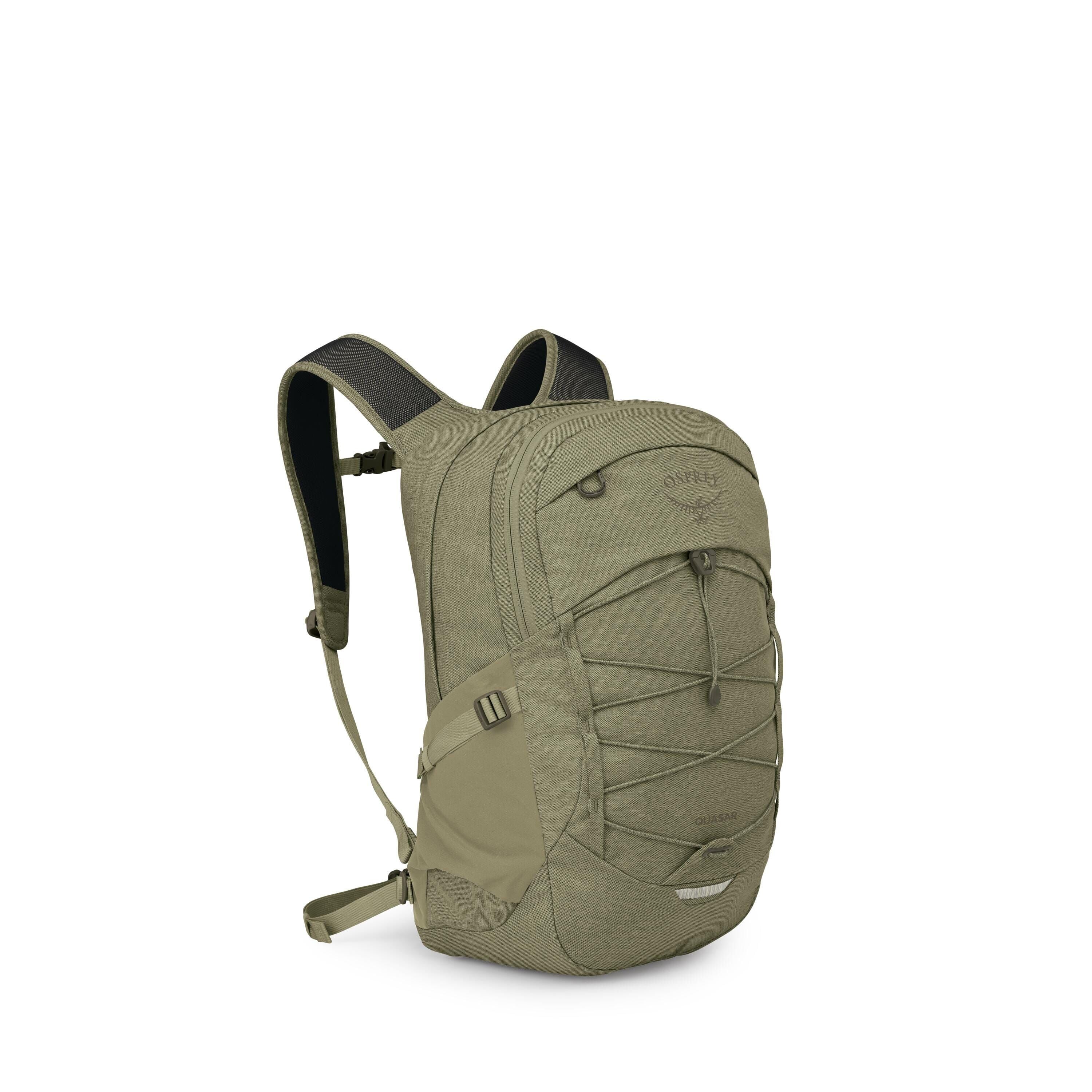 A series of images shows an olive-green Osprey Quasar backpack from different angles and in exploded views. The pack features a streamlined shape with a front bungee cord system, two main zippered compartments, and a small top loop. It has contoured, padd