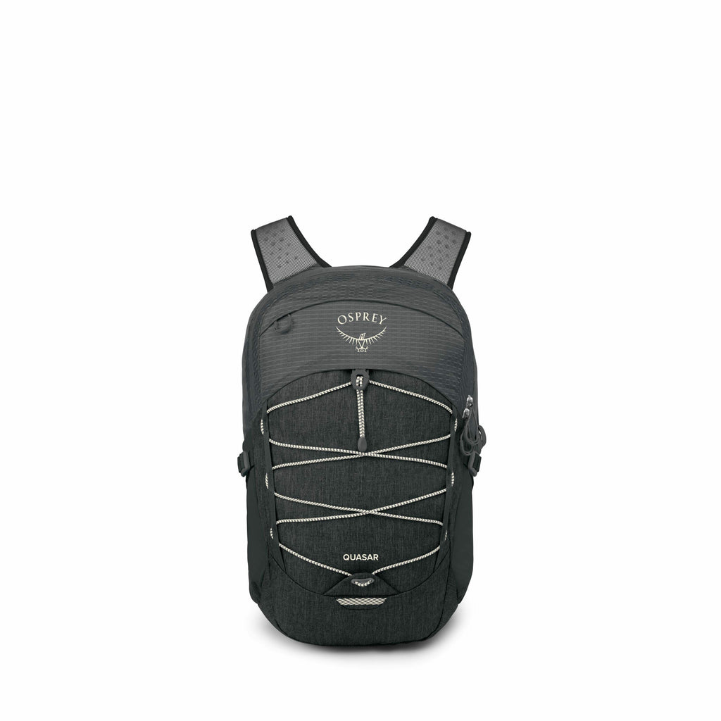 The image features a dark gray Osprey Quasar backpack viewed from the front. The backpack has a distinctive design with a series of white elastic cords on the front, forming a zigzag pattern for additional storage or organization options. It prominently d