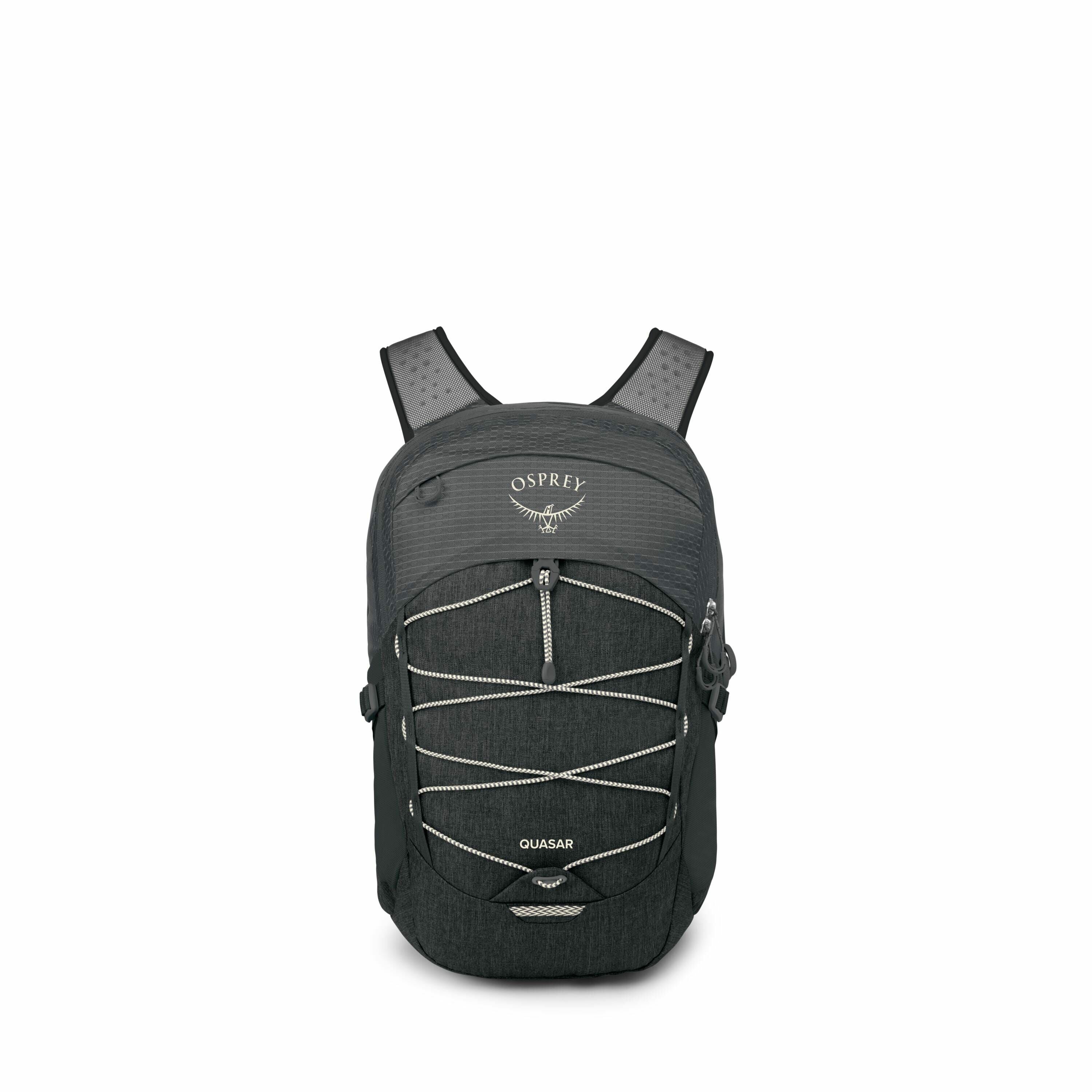 The image features a dark gray Osprey Quasar backpack viewed from the front. The backpack has a distinctive design with a series of white elastic cords on the front, forming a zigzag pattern for additional storage or organization options. It prominently d