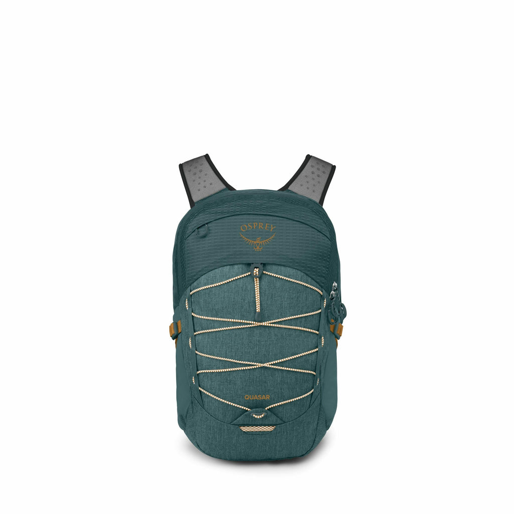 The image showcases a backpack designed by Osprey, a brand known for its outdoor gear. The backpack, named "Quasar," is dark green with various functional features visible on the front, including a bungee cord system for additional storage or compression