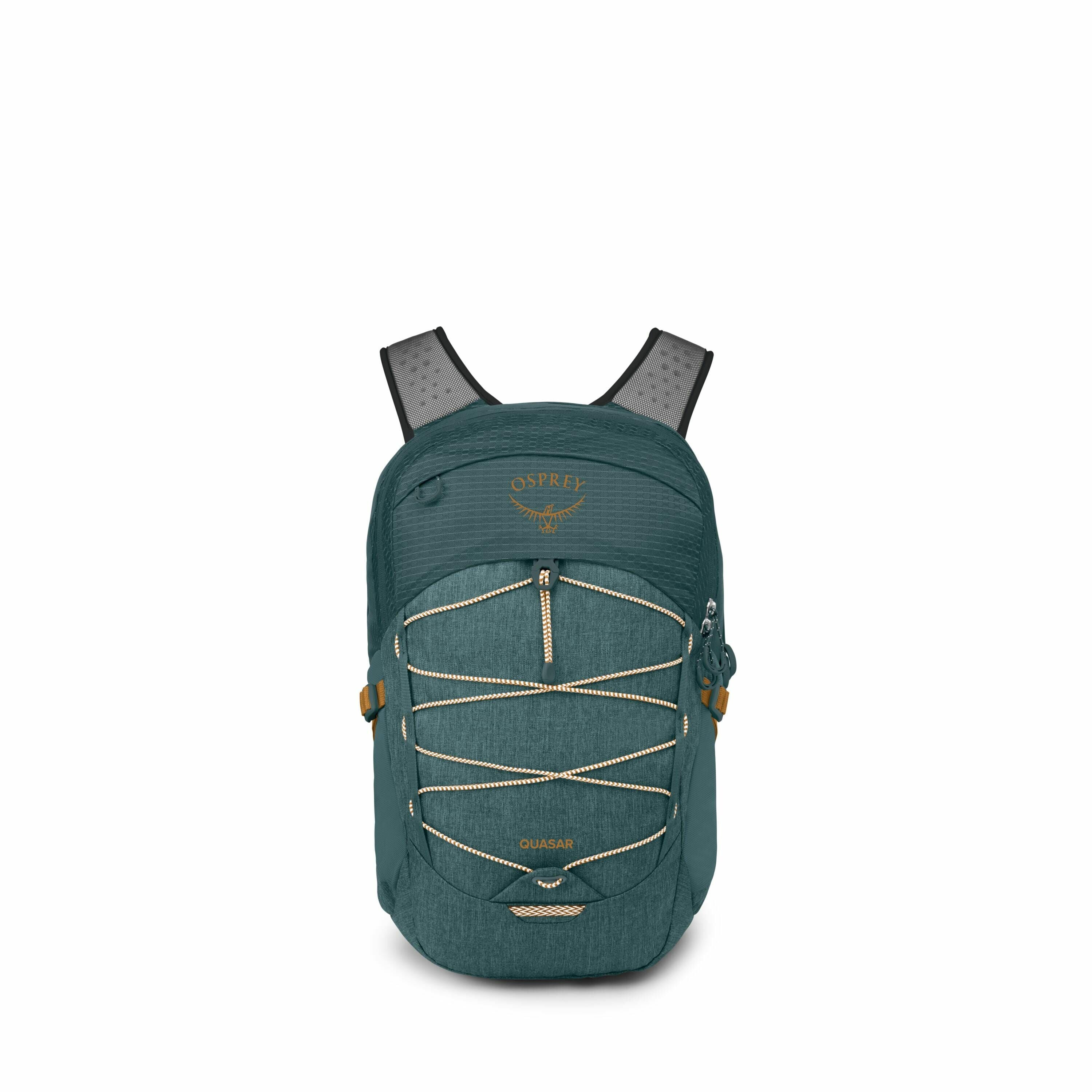 The image showcases a backpack designed by Osprey, a brand known for its outdoor gear. The backpack, named "Quasar," is dark green with various functional features visible on the front, including a bungee cord system for additional storage or compression