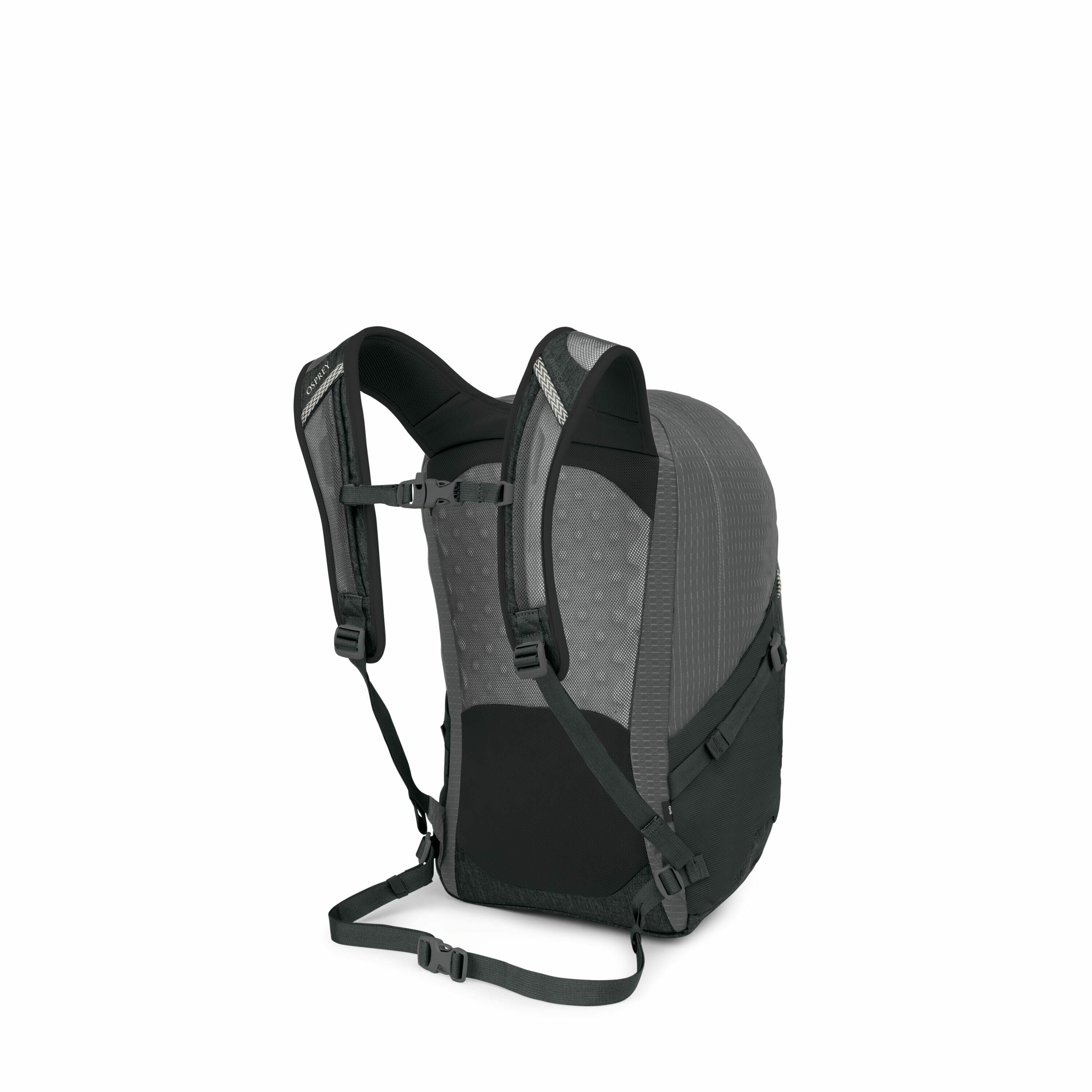 The image displays a dark gray backpack from various angles, emphasizing its design and functionality. The backpack features padded shoulder straps with adjustable buckles and a chest strap for enhanced comfort and support. The back panel is designed with