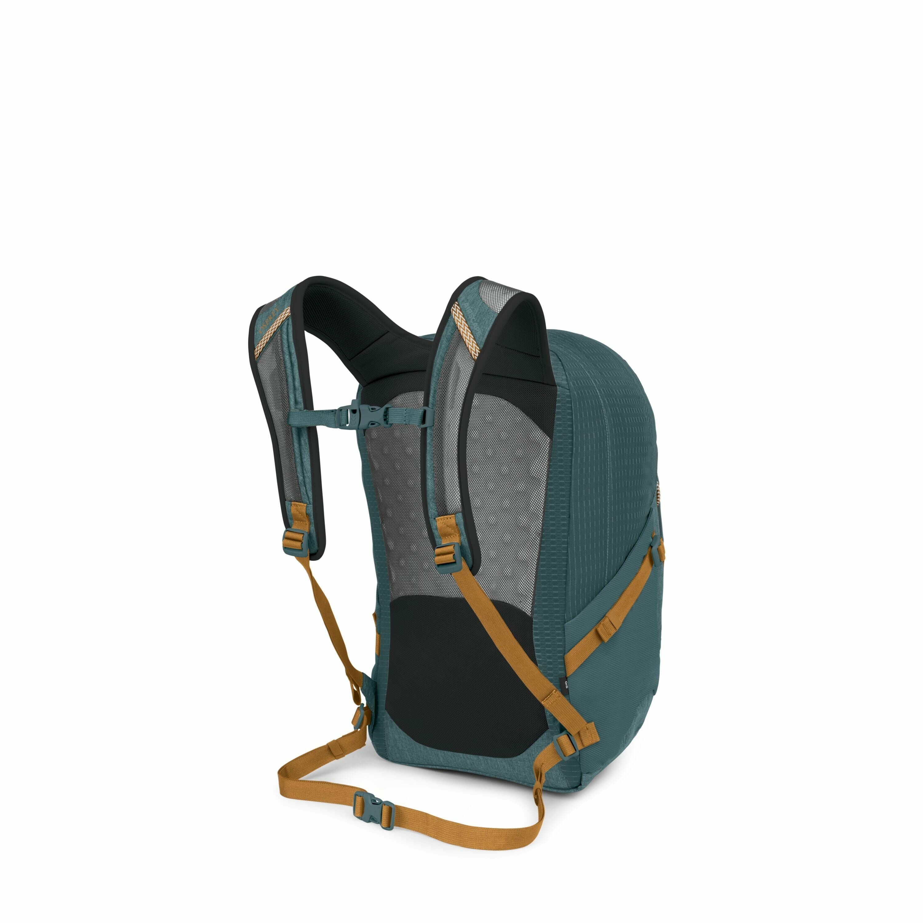 The image sequence depicts a teal backpack with brown accents, viewed from various perspectives. The backpack features padded shoulder straps, a back panel with ventilation dots, and adjustable chest and waist straps for added comfort. As the sequence pro