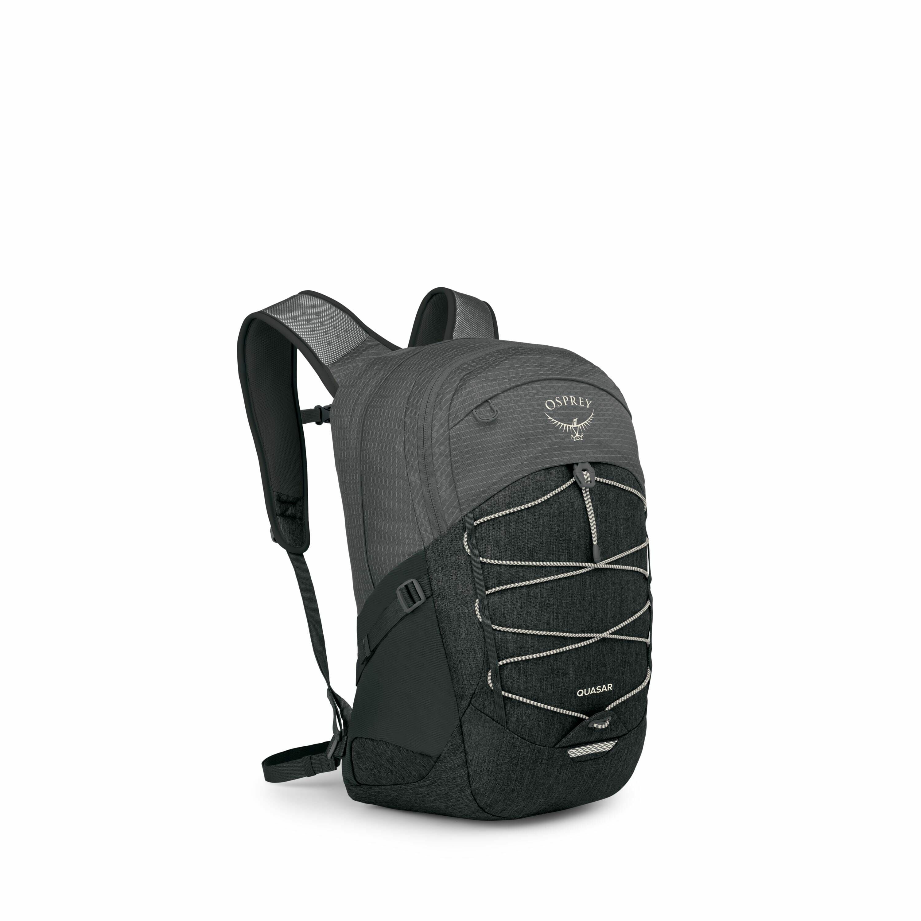 The image displays a dark grey Osprey backpack with the model name "Quasar" printed on it. The backpack features a sleek, modern design with a front bungee cord system for extra storage and organization. It has padded shoulder straps and a waist strap for