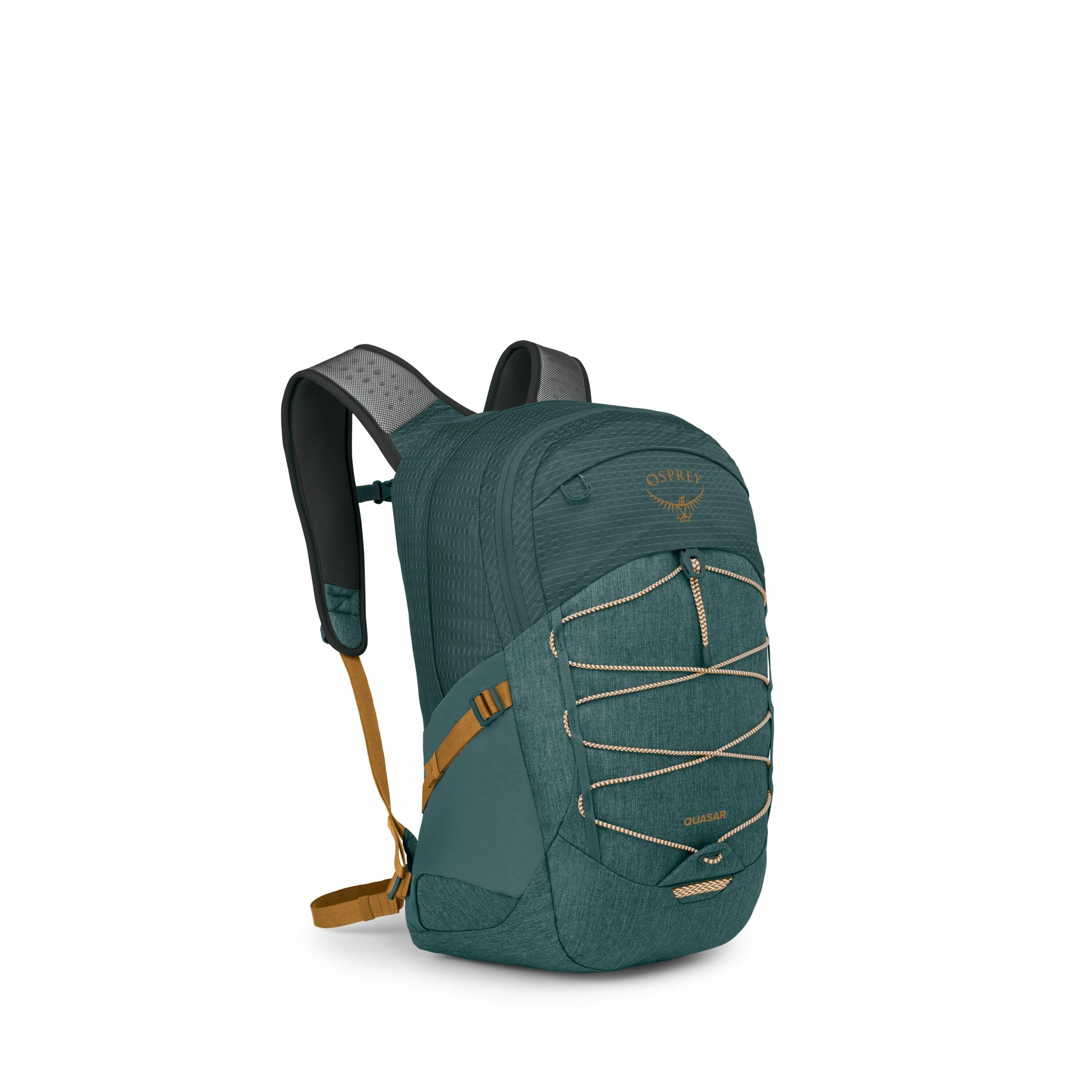 The images depict various parts of an Osprey backpack named "Quasar," showcasing its design and features. The backpack is predominantly teal with accents of brown and grey. It has padded shoulder straps for comfortable carrying and features a front panel