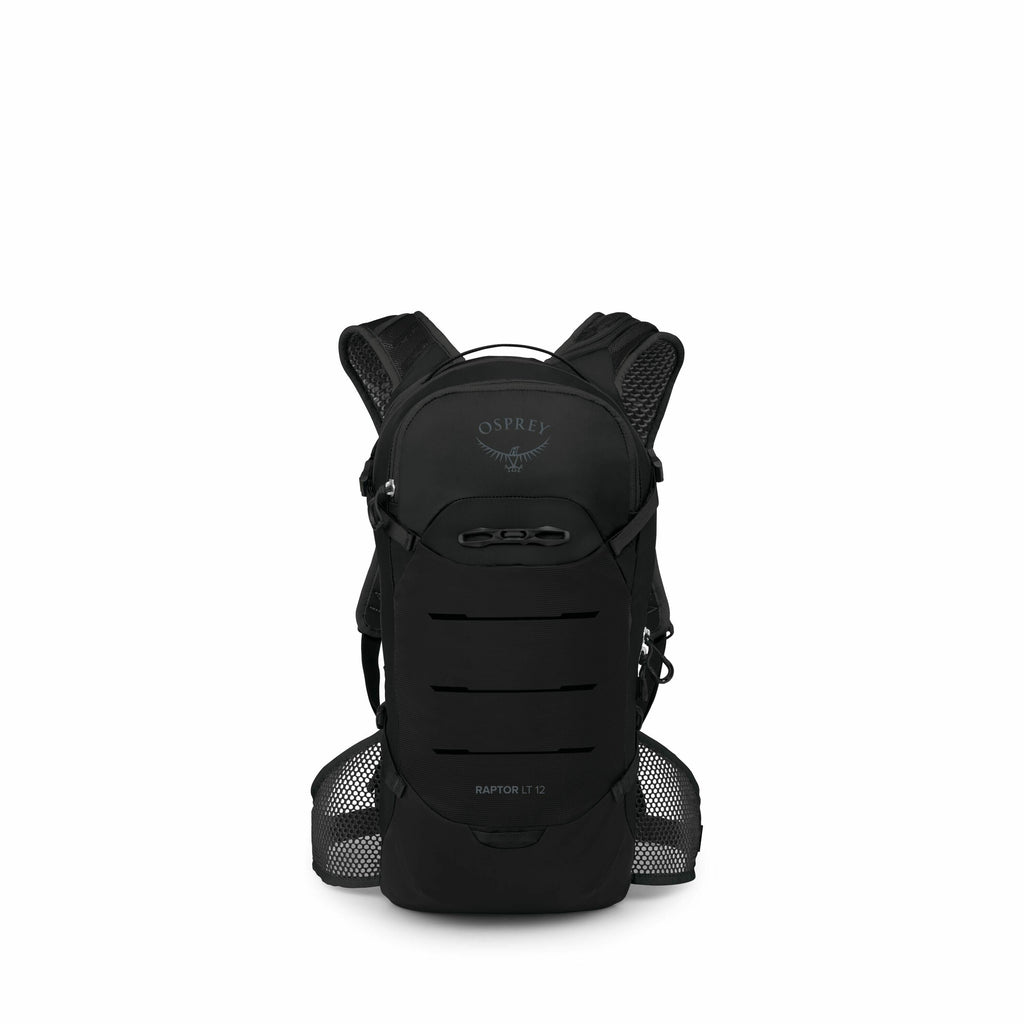 The image features a black backpack by Osprey, specifically the Raptor LT 12 model. The backpack has a sleek design with a main compartment, multiple vertical slits for ventilation or aesthetic purposes, and adjustable shoulder straps with mesh padding fo