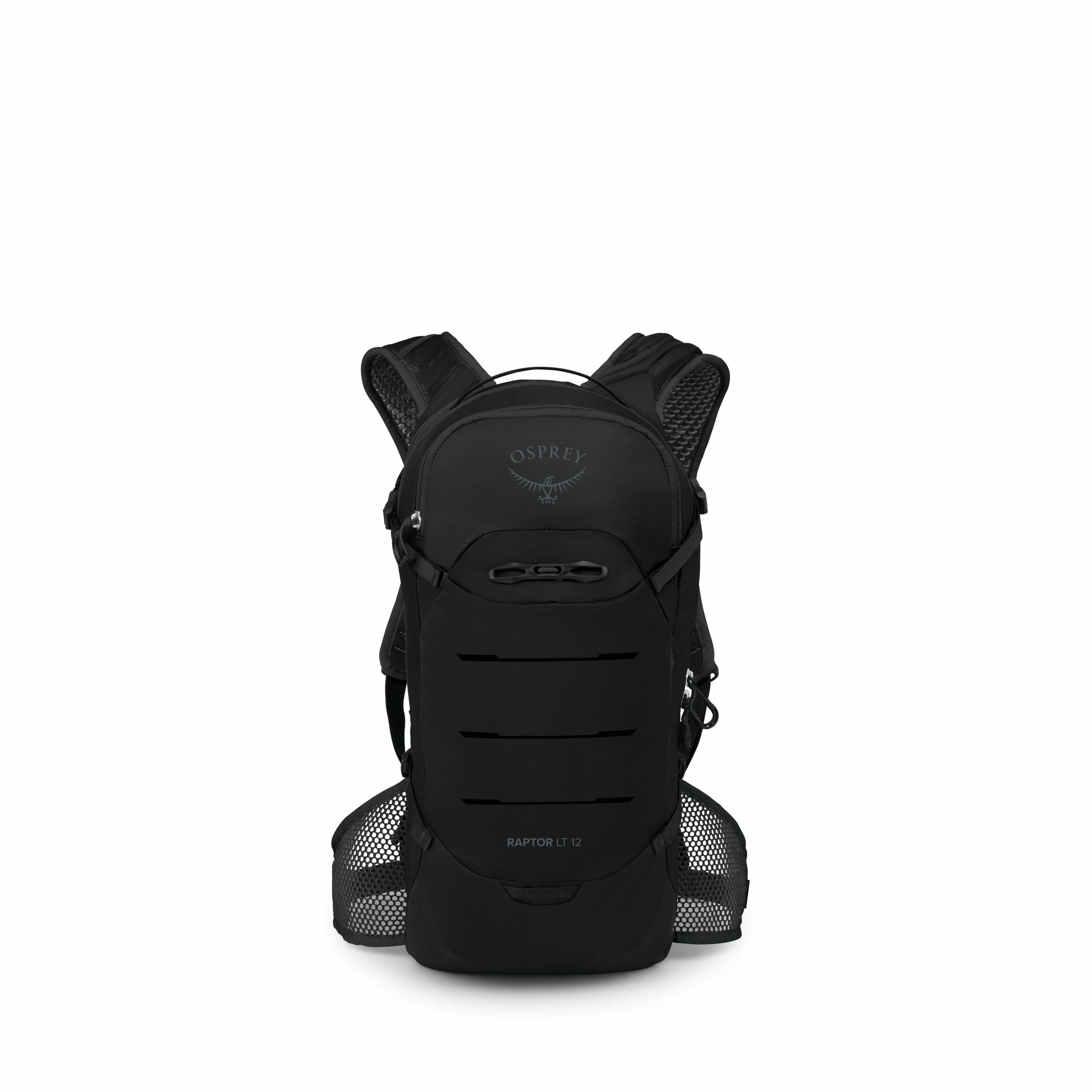 The image features a black backpack by Osprey, specifically the Raptor LT 12 model. The backpack has a sleek design with a main compartment, multiple vertical slits for ventilation or aesthetic purposes, and adjustable shoulder straps with mesh padding fo