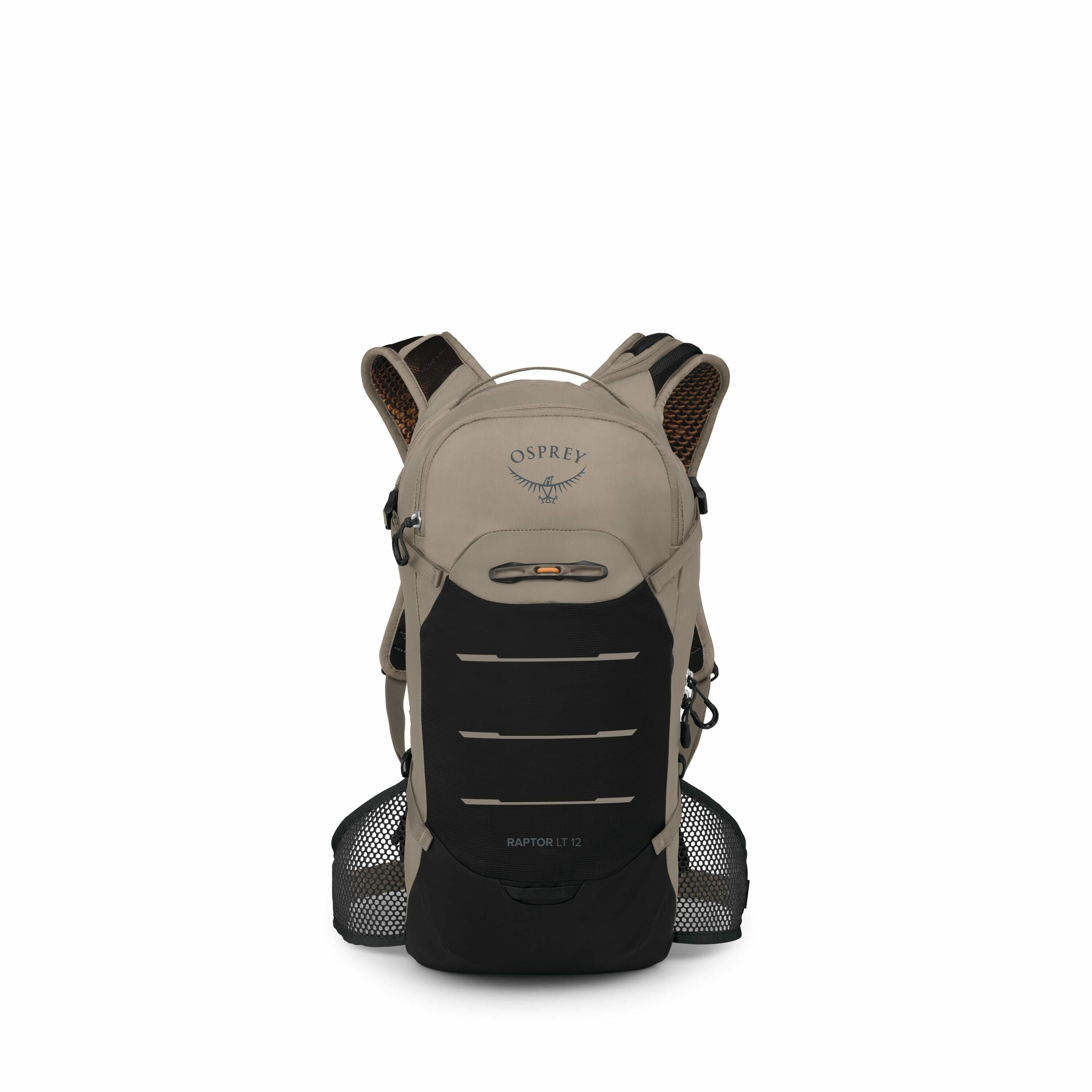 The image displays a backpack by Osprey, specifically the Raptor LT 12 model, designed for outdoor activities. The backpack has a sleek design with a tan and black color scheme. The front panel features several horizontal reflective strips, an Osprey logo