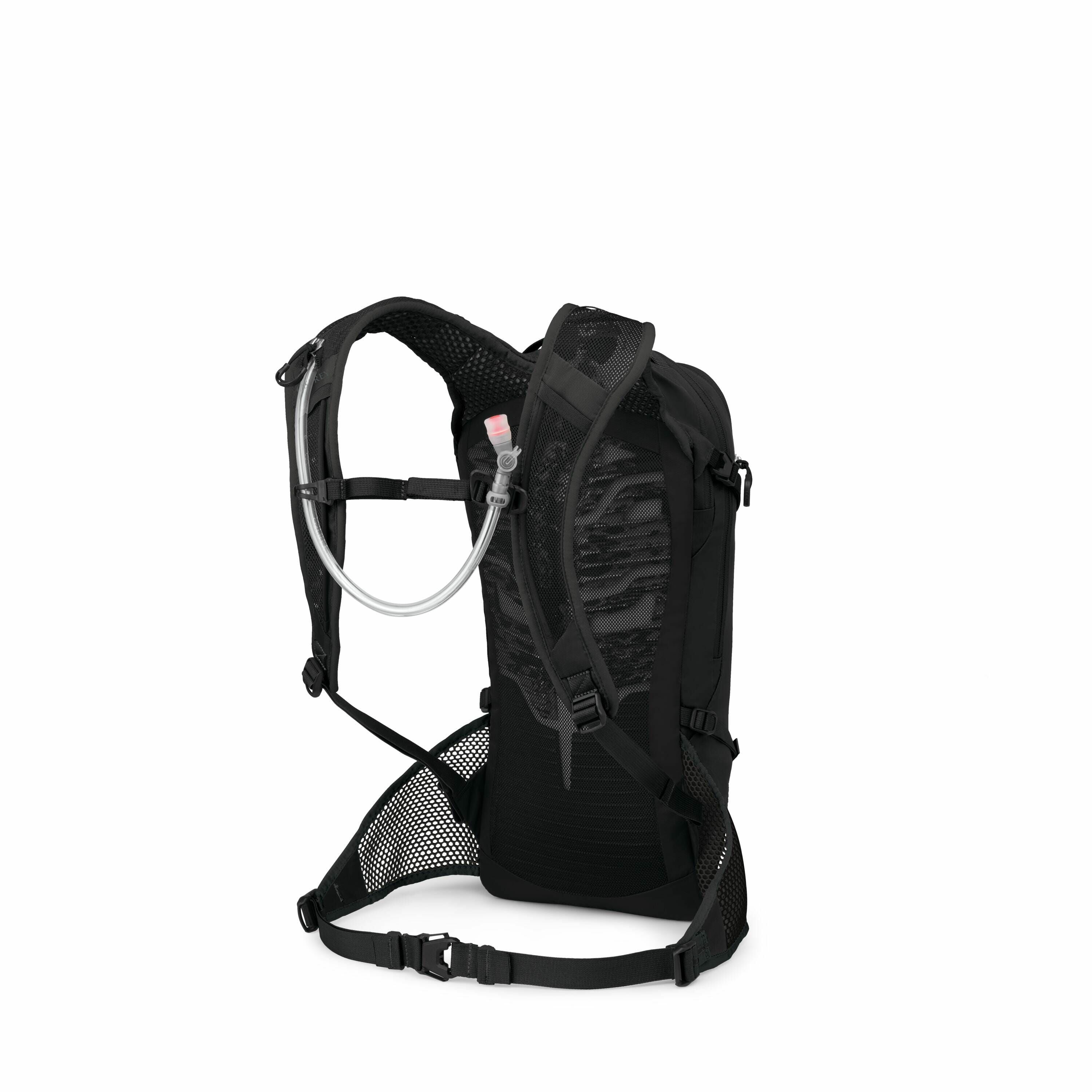 The image features a sleek black hydration backpack with a hose and mouthpiece, indicating it is designed for outdoor activities where hands-free drinking is convenient. The backpack has a streamlined design with a mesh back panel and shoulder straps for