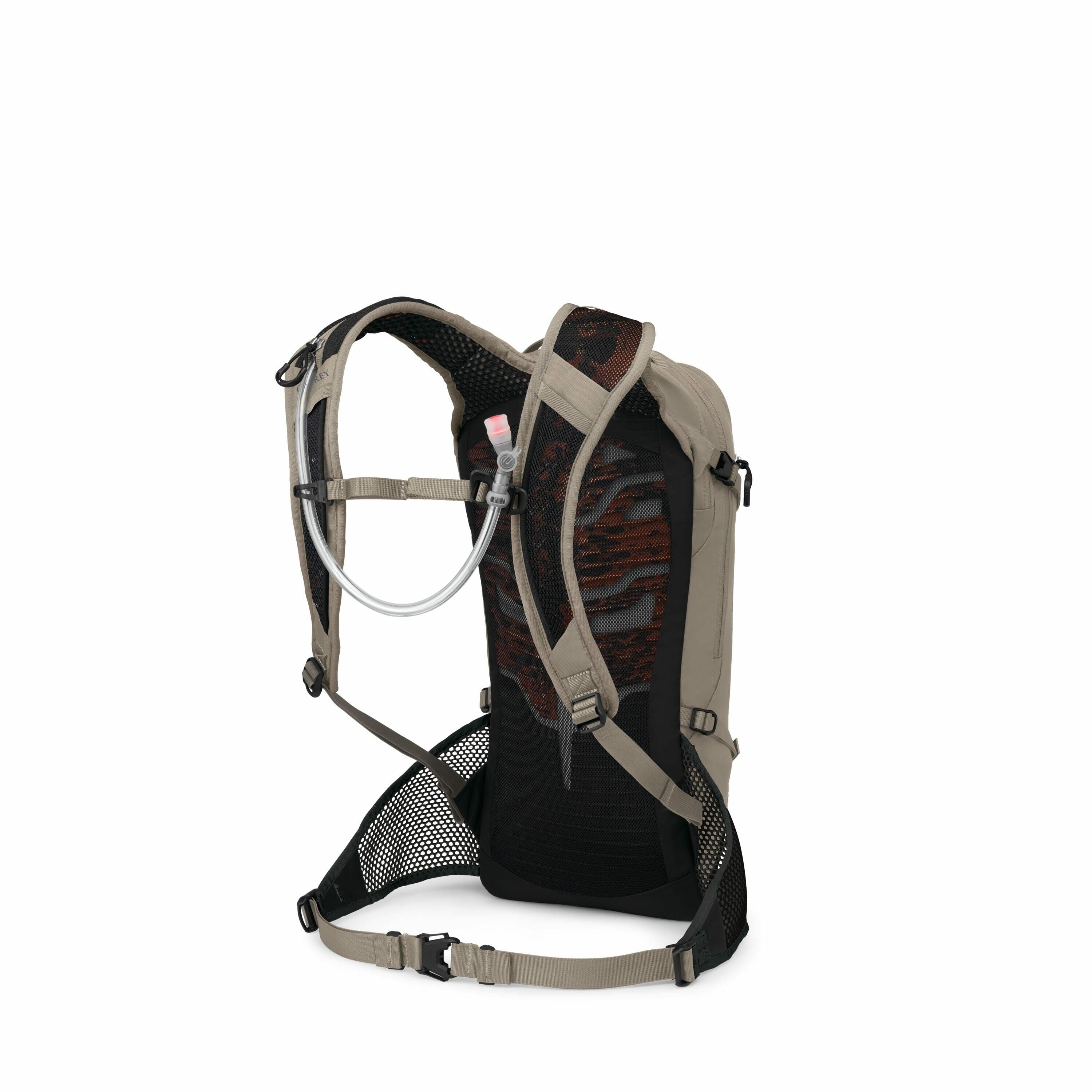 The image displays a backpack designed with a hydration system, evidenced by the visible transparent tube with a pink mouthpiece attached to it. The backpack features a combination of beige, black, and red colors, with a distinct patterned mesh on the bac