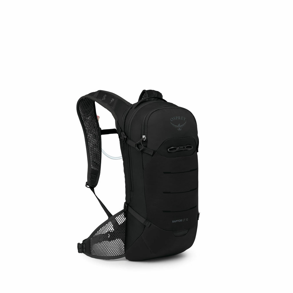The image shows a sleek, black backpack designed by Osprey, specifically the "Raptor 12" model. It features a streamlined design with a prominent front panel that has several horizontal grooves for added style and functionality. The backpack is equipped w